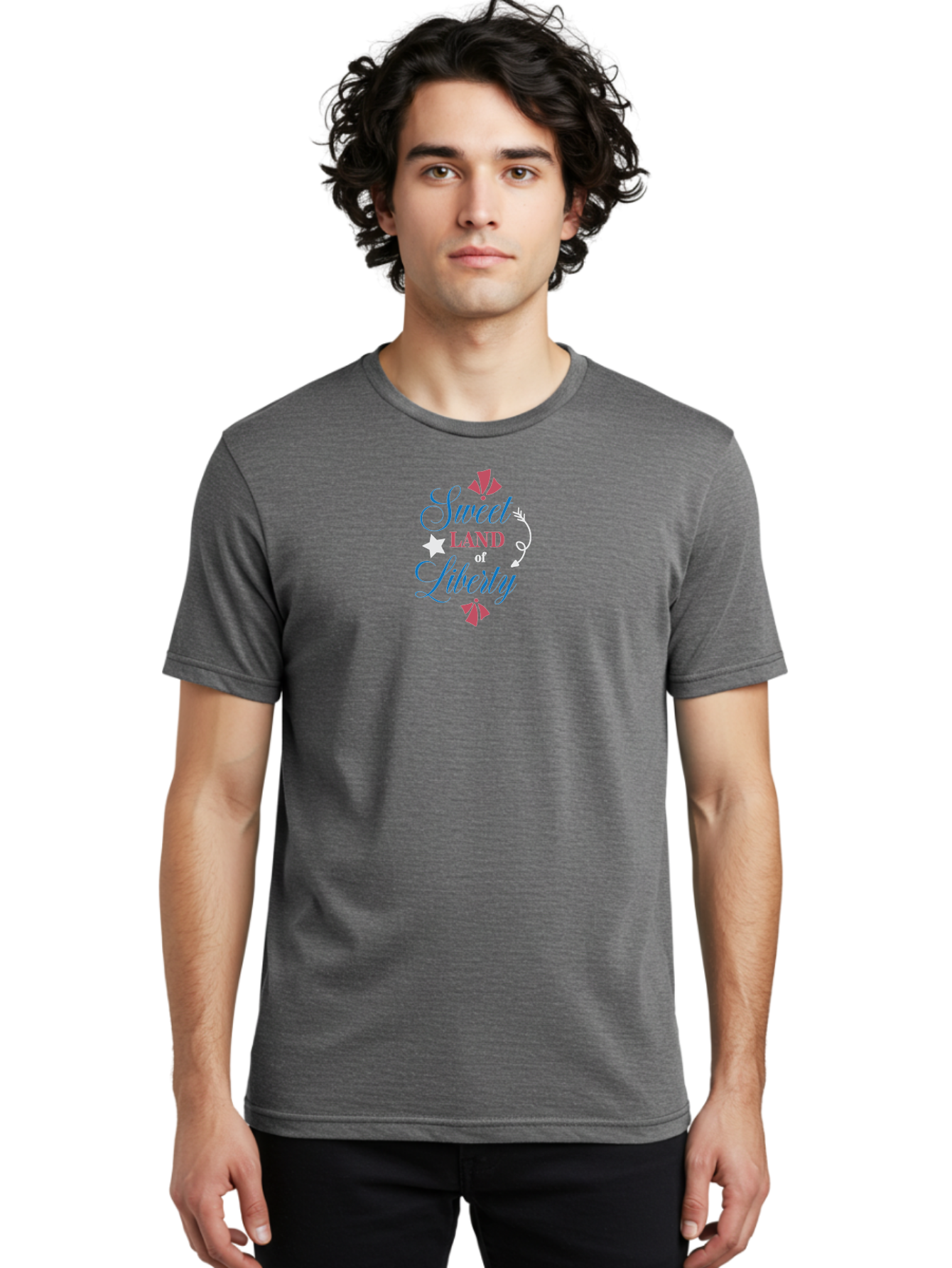 Sweet-Land-Of-Liberty Men'S Graphic Tee, 100% Cotton, Comfortable Casual Summer Wear, Machine Washable, Patriotic Graphic, Liberty Theme, Usa Inspiration, Vintage Style, Floral Elements, Arrow Design, Star Symbol, Red White And Blue Colors, Aad217
