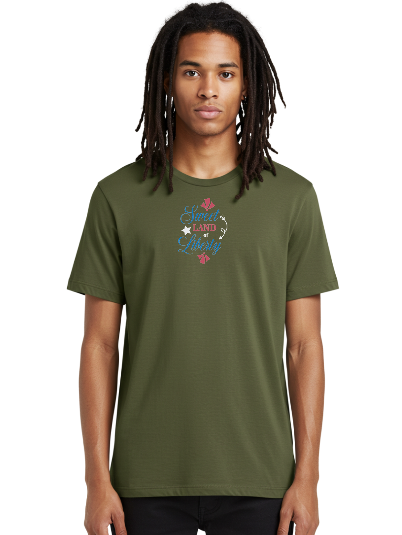 Sweet-Land-Of-Liberty Men'S Graphic Tee, 100% Cotton, Comfortable Casual Summer Wear, Machine Washable, Patriotic Graphic, Liberty Theme, Usa Inspiration, Vintage Style, Floral Elements, Arrow Design, Star Symbol, Red White And Blue Colors, Aad217