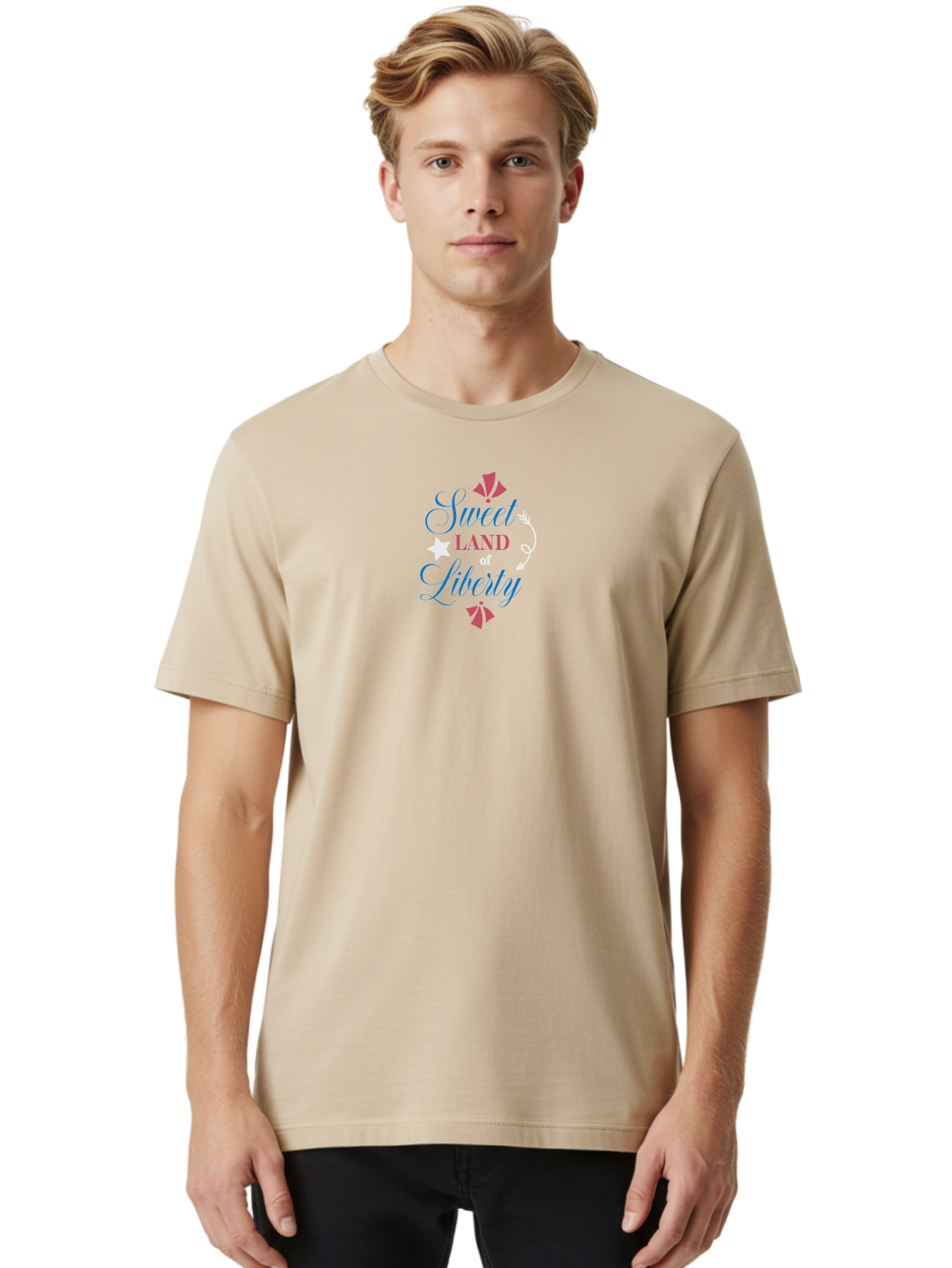 Sweet-Land-Of-Liberty Men'S Graphic Tee, 100% Cotton, Comfortable Casual Summer Wear, Machine Washable, Patriotic Graphic, Liberty Theme, Usa Inspiration, Vintage Style, Floral Elements, Arrow Design, Star Symbol, Red White And Blue Colors, Aad217