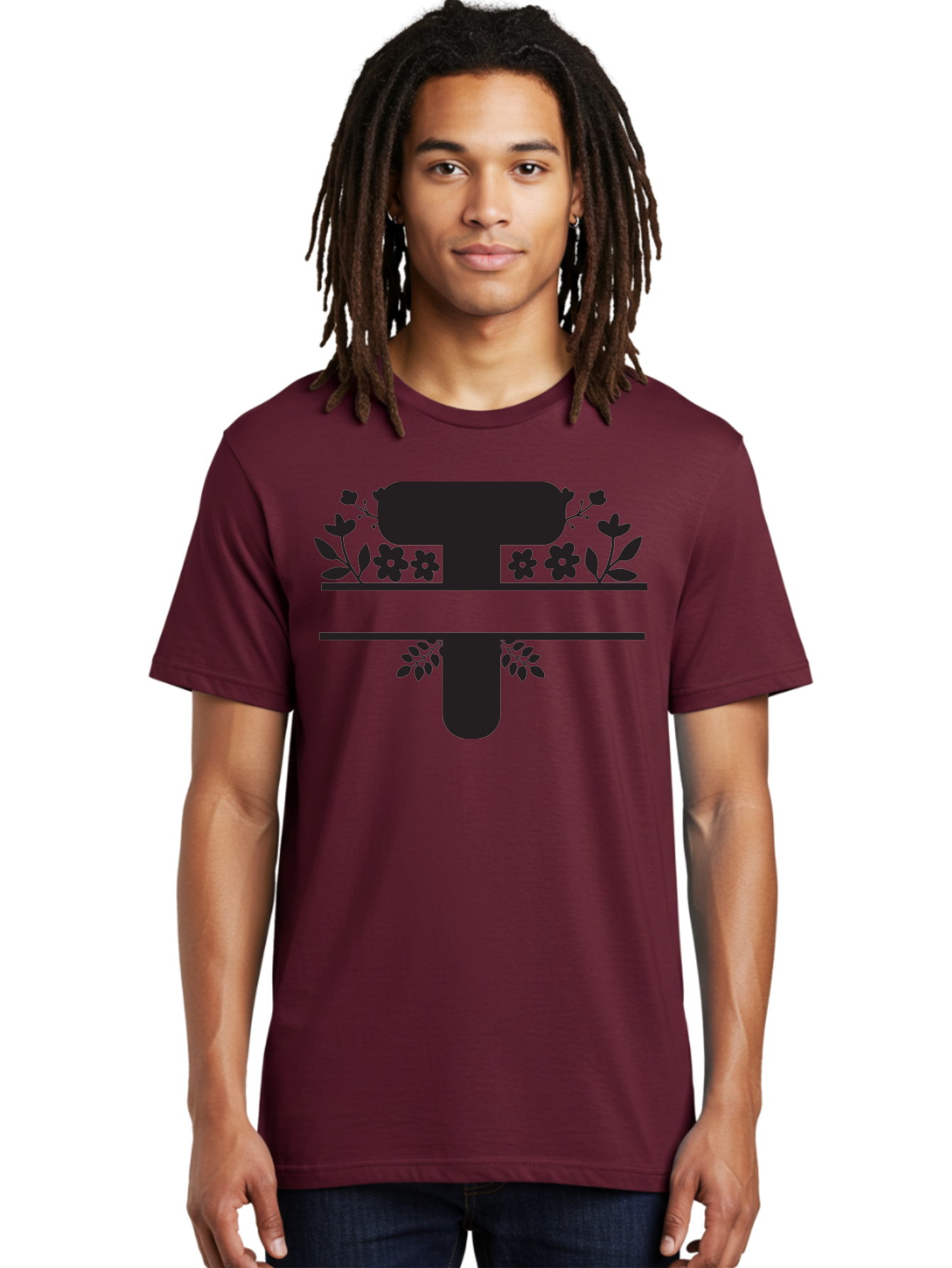 T Men'S Graphic Tee, 100% Cotton, Comfortable Casual Summer Wear, Machine Washable, Stylized Letter T, Floral Design, Black Silhouette, Leafy Accents, Flowers, Logo Concept, Typography, Elegant Graphics, Modern Design, Symbolic Representation Aad220