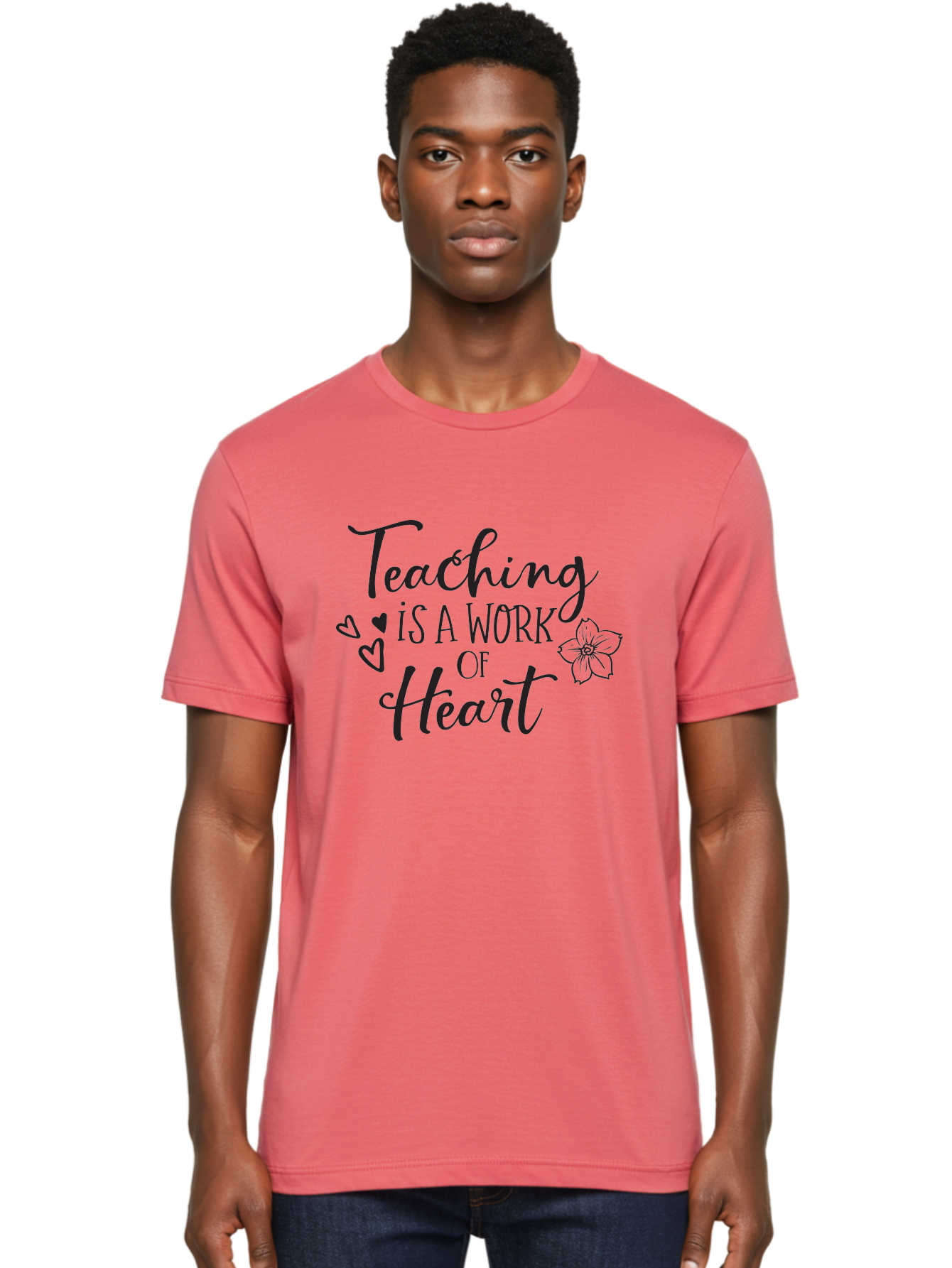 Teaching-Is-A-Work-Of-Heart Men'S Graphic Tee, 100% Cotton, Comfortable Casual Summer Wear, Machine Washable, Inspirational Quote, Teaching Profession, Heartfelt Dedication, Teacher Appreciation, Motivational Phrase, Educational Quotes, Aad223