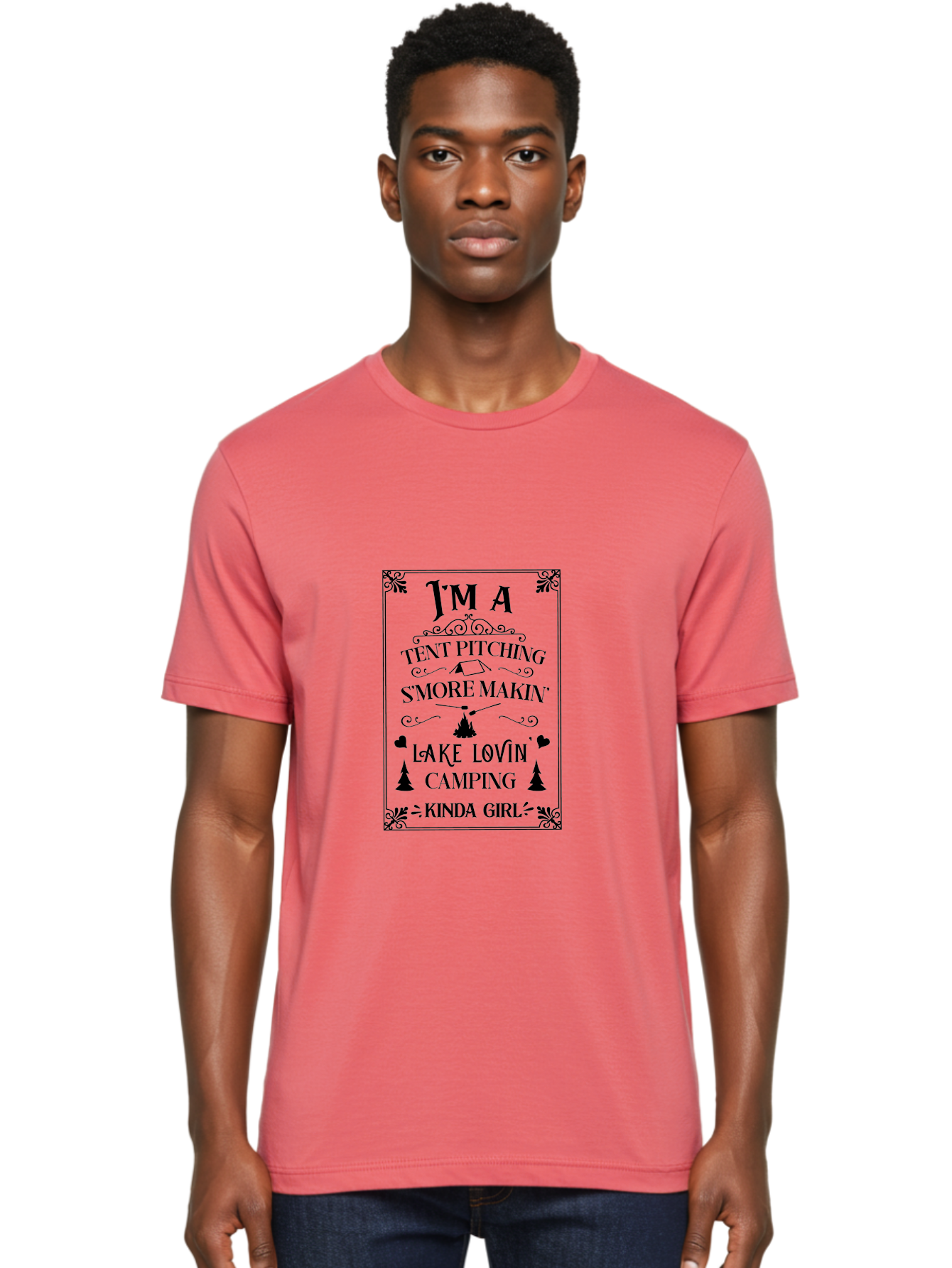 Tent-Pitching-S-More-Makin-Lake-Lovin-Camping-Kinda-Girl Men'S Graphic Tee, 100% Cotton, Comfortable Casual Summer Wear, Machine Washable, Camping Quotes, Outdoor Adventure, S'Mores Making, Lake Loving, Tent Pitching, Camping Enthusiast, Aad227