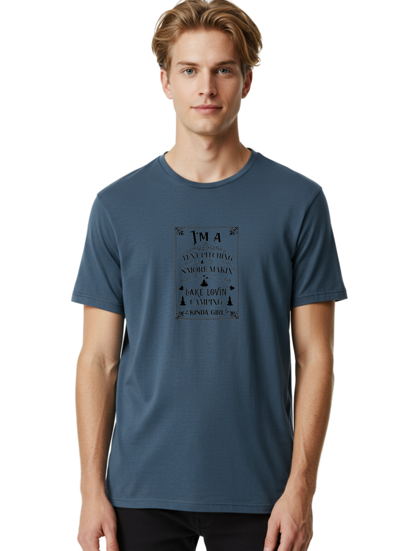 Tent-Pitching-S-More-Makin-Lake-Lovin-Camping-Kinda-Girl Men'S Graphic Tee, 100% Cotton, Comfortable Casual Summer Wear, Machine Washable, Camping Quotes, Outdoor Adventure, S'Mores Making, Lake Loving, Tent Pitching, Camping Enthusiast, Aad227