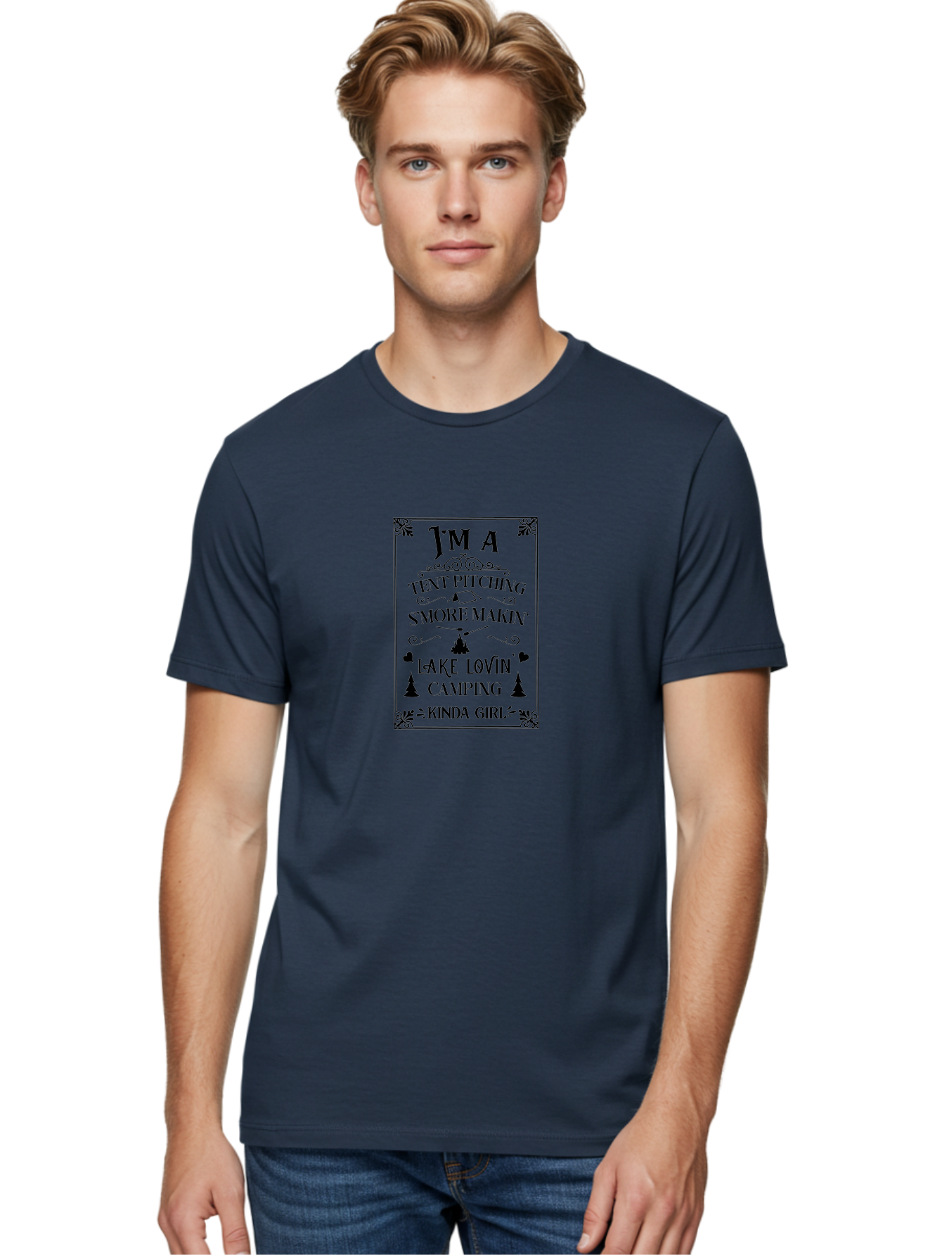 Tent-Pitching-S-More-Makin-Lake-Lovin-Camping-Kinda-Girl Men'S Graphic Tee, 100% Cotton, Comfortable Casual Summer Wear, Machine Washable, Camping Quotes, Outdoor Adventure, S'Mores Making, Lake Loving, Tent Pitching, Camping Enthusiast, Aad227