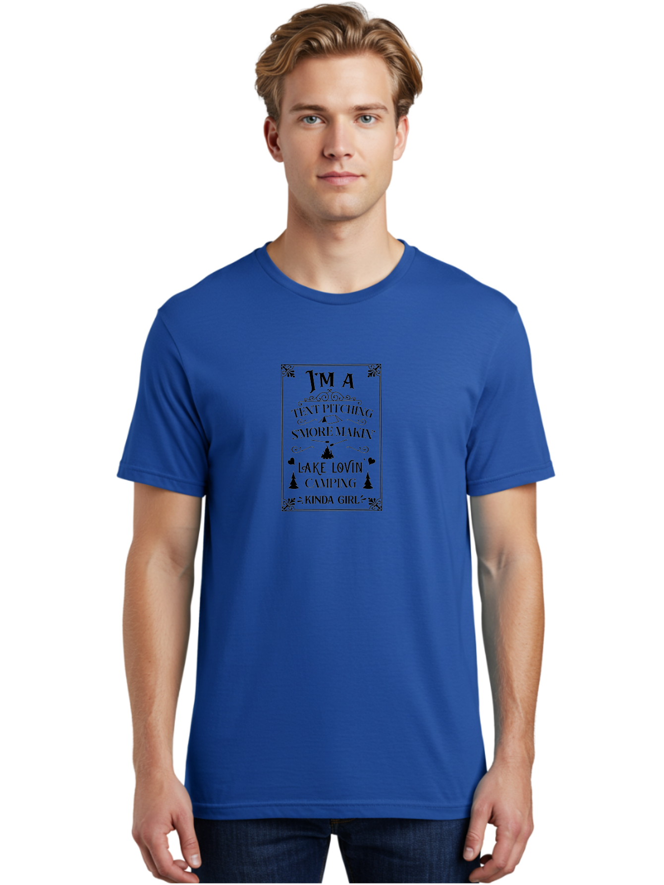 Tent-Pitching-S-More-Makin-Lake-Lovin-Camping-Kinda-Girl Men'S Graphic Tee, 100% Cotton, Comfortable Casual Summer Wear, Machine Washable, Camping Quotes, Outdoor Adventure, S'Mores Making, Lake Loving, Tent Pitching, Camping Enthusiast, Aad227