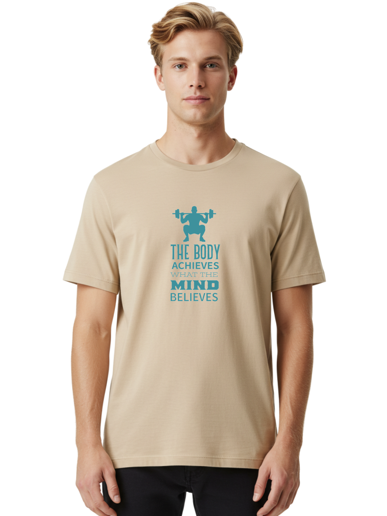 The-Body-Achieves-What-The-Mind-Believes Men'S Graphic Tee, 100% Cotton, Comfortable Casual Summer Wear, Machine Washable, Motivational Quote, Weightlifting, Fitness Inspiration, Bodybuilding, Mental Toughness, Workout Motivation, Gym Quotes, Aad231