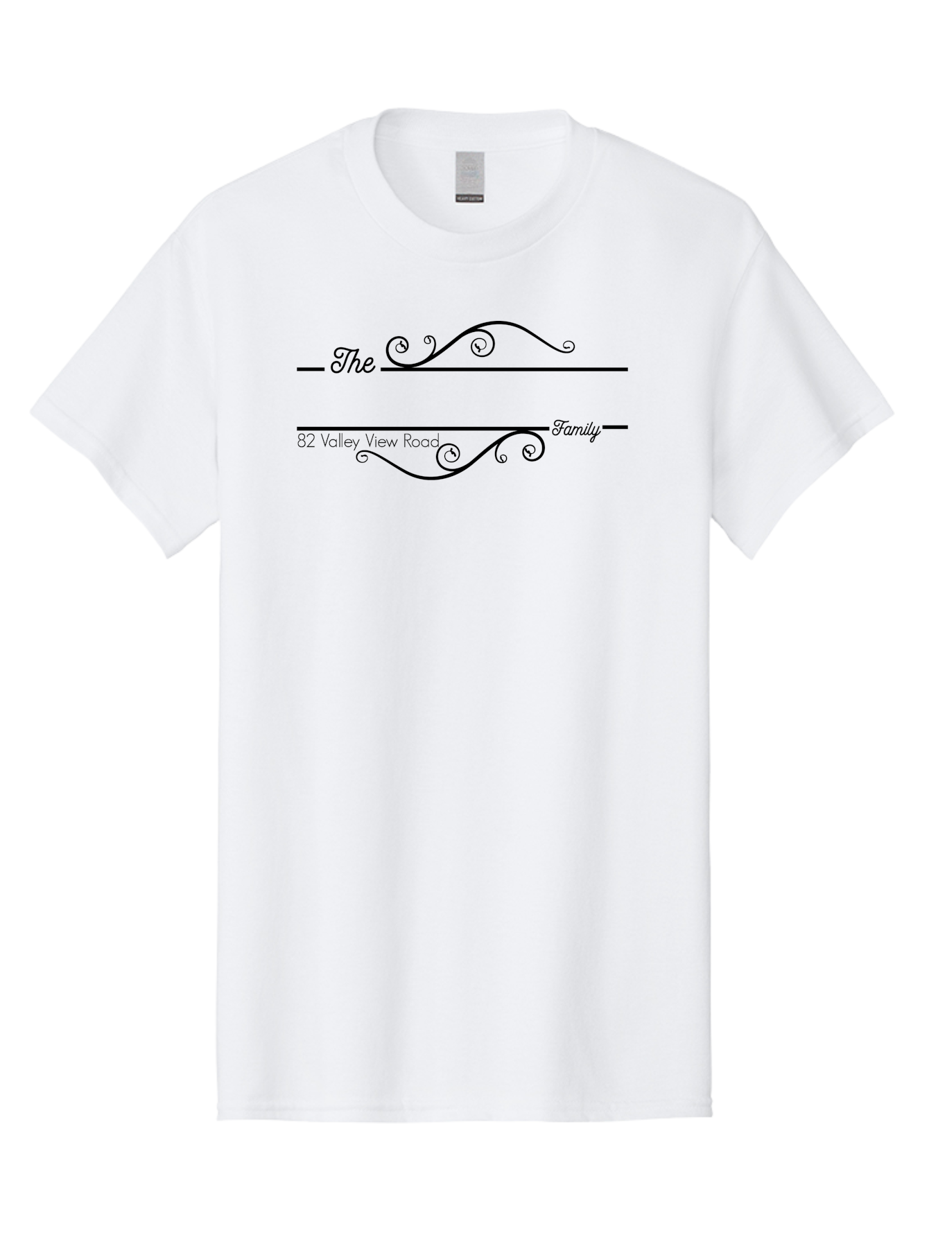 The-Family Men'S Graphic Tee, 100% Cotton, Comfortable Casual Summer Wear, Machine Washable, Custom Address Label, Personalized Stationery, Elegant Font, Decorative Swirls, Calligraphy Style, Formal Design, Family Name, Address Label, Aad233