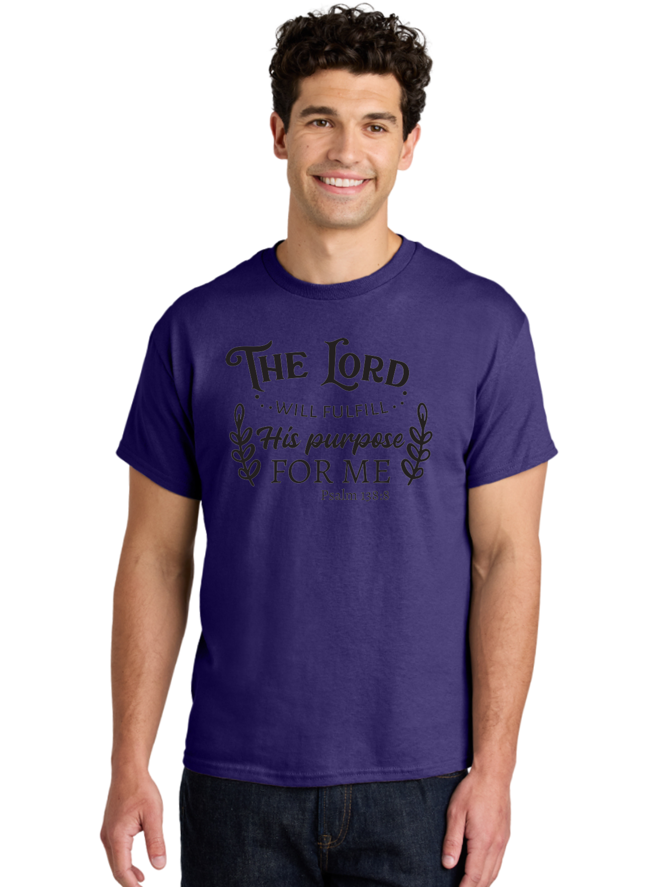 The-Lord-Will-Fulfill-His-Purpose-For-Me Men'S Graphic Tee, 100% Cotton, Comfortable Casual Summer Wear, Machine Washable, Inspirational Quote, Motivational Quote, Bible Verse, Psalm 138:8, Faith-Based Design, Religious Art, Aad236