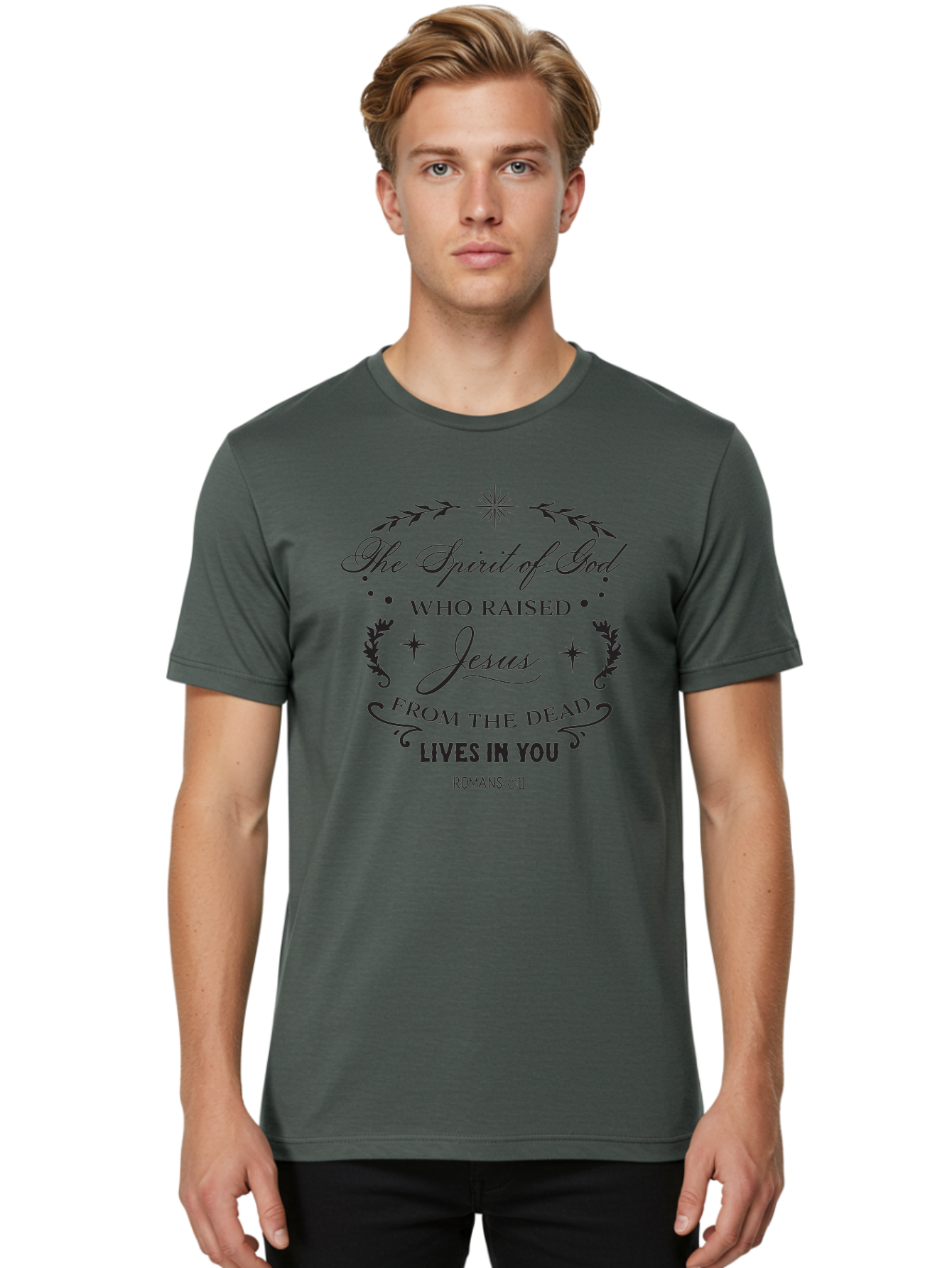 The-Spirit-Of-God-Who-Raised-Jesus Men'S Graphic Tee, 100% Cotton, Comfortable Casual Summer Wear, Machine Washable, Christian Inspirational Quote, Romans 8:11, Jesus Christ Resurrection, Spiritual Guidance, Faith-Based Message, Aad238
