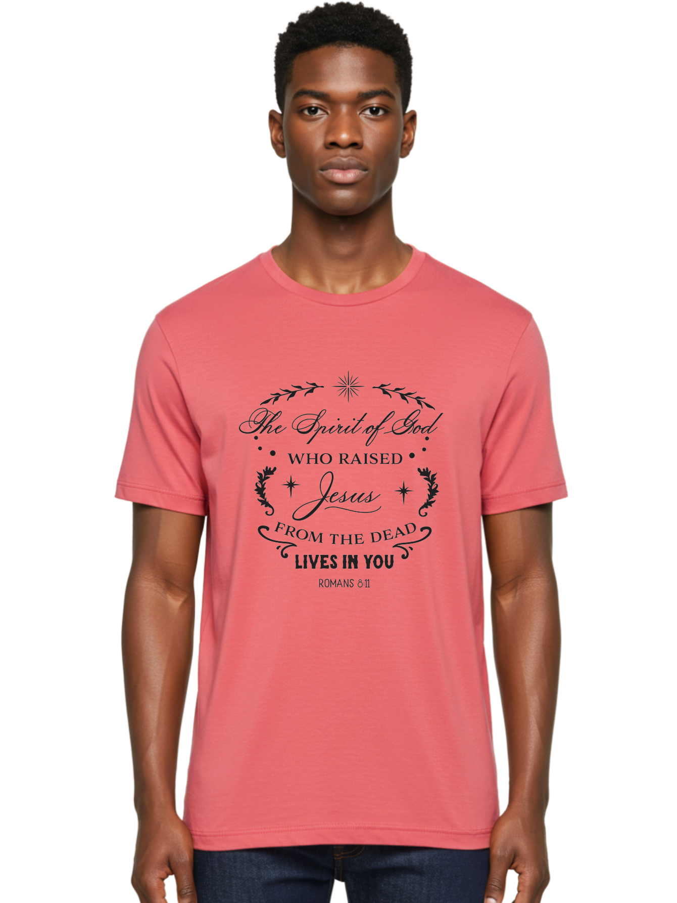 The-Spirit-Of-God-Who-Raised-Jesus Men'S Graphic Tee, 100% Cotton, Comfortable Casual Summer Wear, Machine Washable, Christian Inspirational Quote, Romans 8:11, Jesus Christ Resurrection, Spiritual Guidance, Faith-Based Message, Aad238