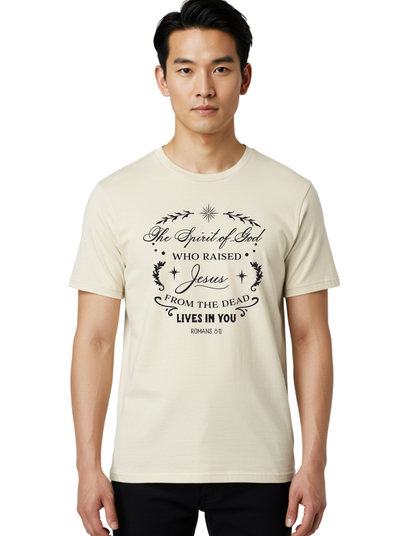 The-Spirit-Of-God-Who-Raised-Jesus Men'S Graphic Tee, 100% Cotton, Comfortable Casual Summer Wear, Machine Washable, Christian Inspirational Quote, Romans 8:11, Jesus Christ Resurrection, Spiritual Guidance, Faith-Based Message, Aad238