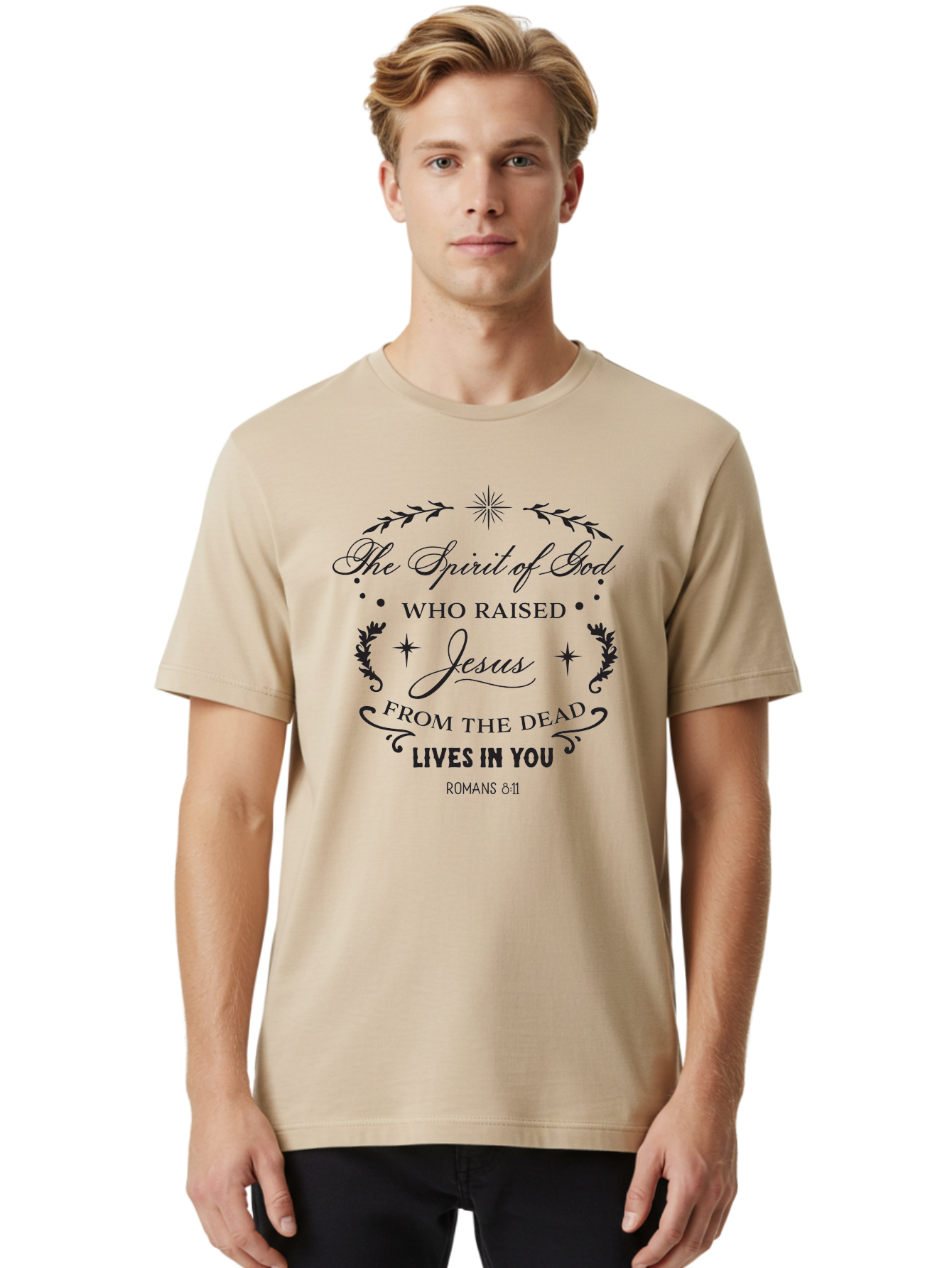 The-Spirit-Of-God-Who-Raised-Jesus Men'S Graphic Tee, 100% Cotton, Comfortable Casual Summer Wear, Machine Washable, Christian Inspirational Quote, Romans 8:11, Jesus Christ Resurrection, Spiritual Guidance, Faith-Based Message, Aad238