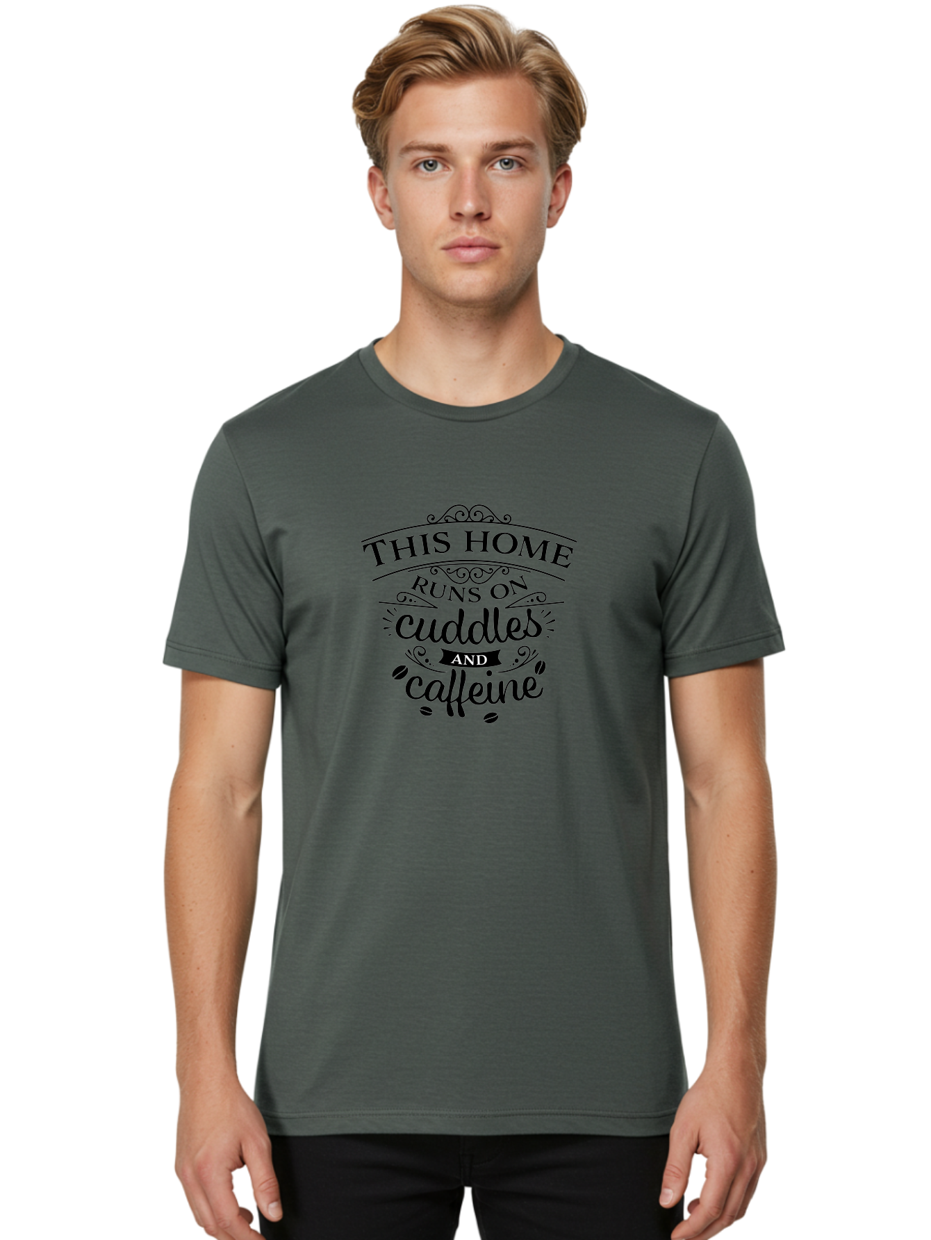 This-Home-Runs-On-Cuddles-And-Caffeine Men'S Graphic Tee, 100% Cotton, Comfortable Casual Summer Wear, Machine Washable, Funny Quote, Cuddles And Caffeine, Home Decor, Humorous Sayings, Coffee Lover Gift, Family Quote, Cozy Home Vibes, Aad244