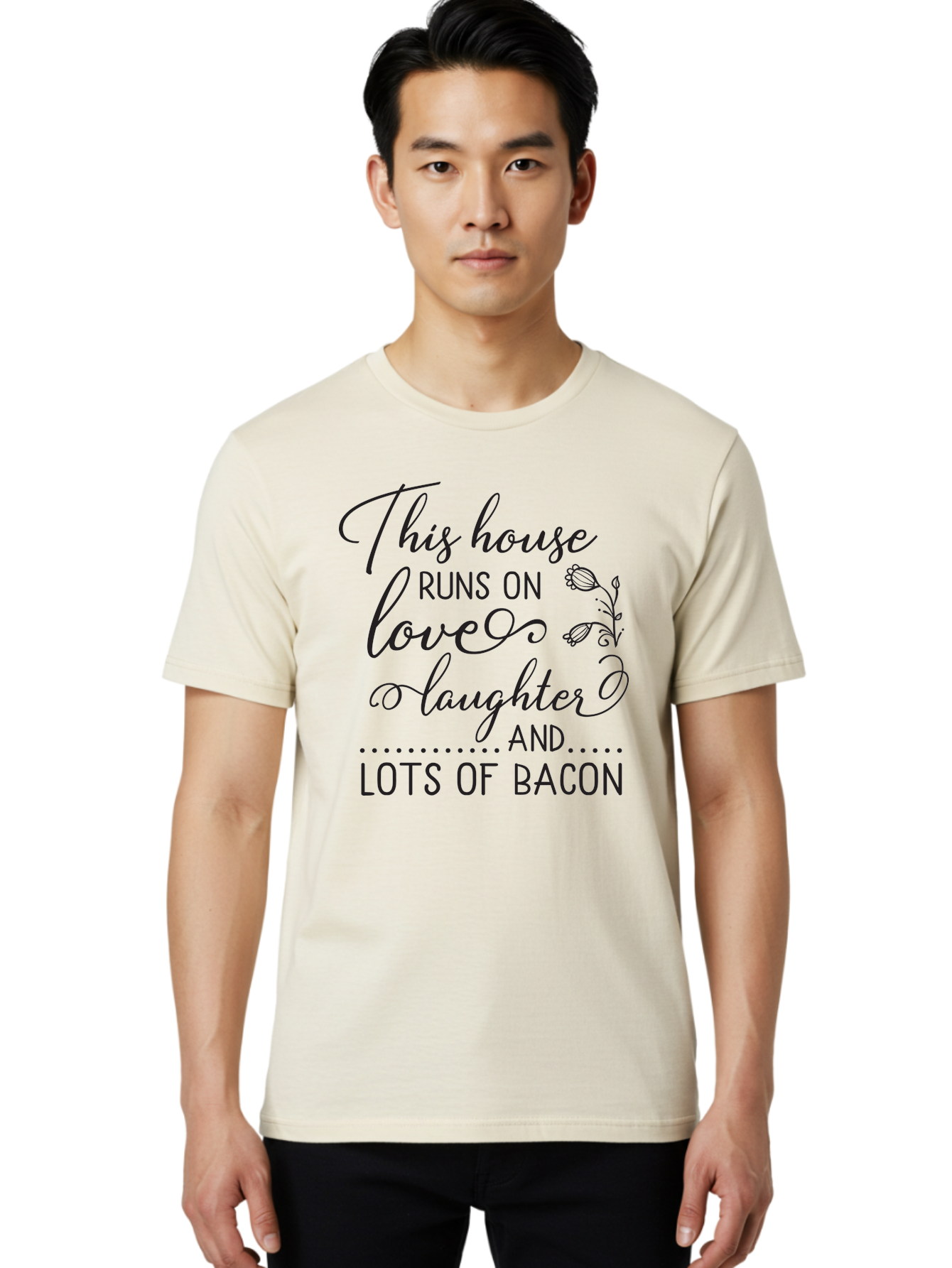 This-House-Runs-On-Love-Laughter-And-Lots-Of-Bacon Men'S Graphic Tee, 100% Cotton, Comfortable Casual Summer Wear, Machine Washable, Funny Quote, Humor, Kitchen Decor, Love, Laughter, Bacon, Quote, Home Decor, Kitchen Wall Art, Quirky, Foodie, Aad246
