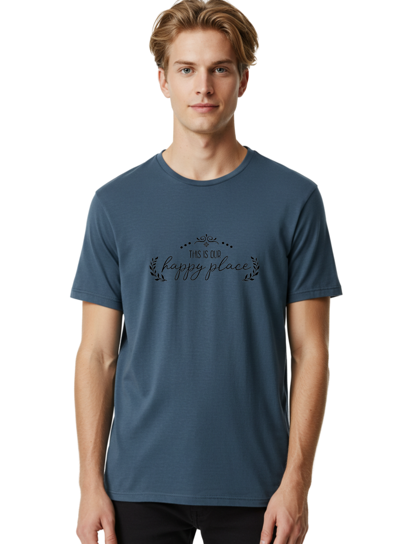 This-Is-Our-Happy-Place Men'S Graphic Tee, 100% Cotton, Comfortable Casual Summer Wear, Machine Washable, Happy Place, Positive Vibes, Inspiring Quote, Motivational Words, Floral Wreath, Decorative Design, Harmony, Happiness, Aad248