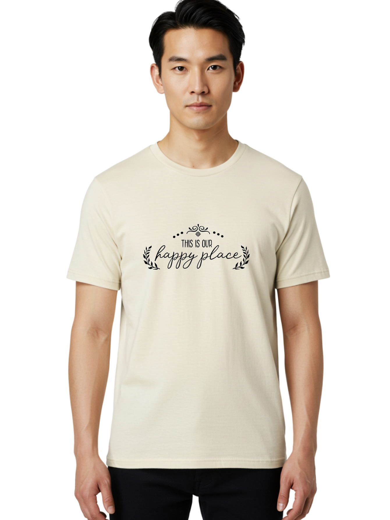 This-Is-Our-Happy-Place Men'S Graphic Tee, 100% Cotton, Comfortable Casual Summer Wear, Machine Washable, Happy Place, Positive Vibes, Inspiring Quote, Motivational Words, Floral Wreath, Decorative Design, Harmony, Happiness, Aad248