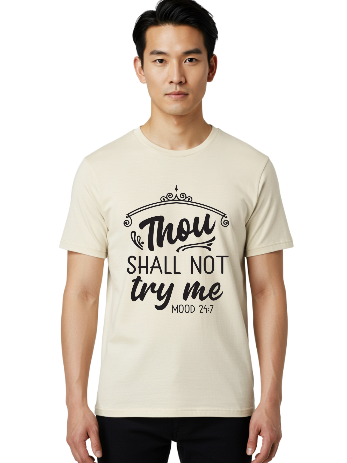Thou-Shall-Not-Try-Me Men'S Graphic Tee, 100% Cotton, Comfortable Casual Summer Wear, Machine Washable, Inspirational Quote, Motivational Phrase, Black Text, Decorative Typography, Funny Saying, Humorous Design, Unique Phrase, Quirky Humor Aad250
