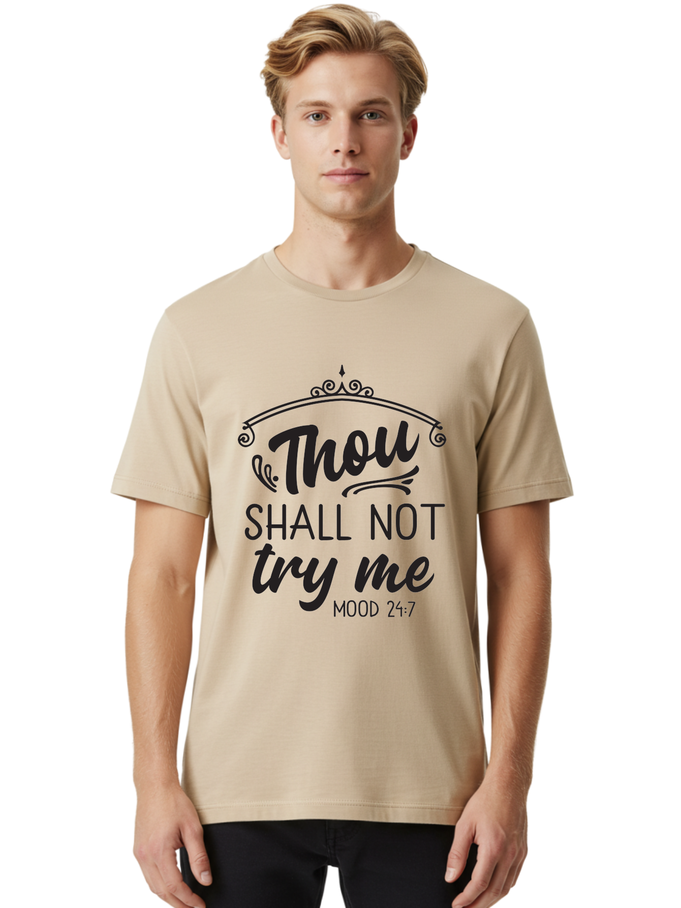 Thou-Shall-Not-Try-Me Men'S Graphic Tee, 100% Cotton, Comfortable Casual Summer Wear, Machine Washable, Inspirational Quote, Motivational Phrase, Black Text, Decorative Typography, Funny Saying, Humorous Design, Unique Phrase, Quirky Humor Aad250
