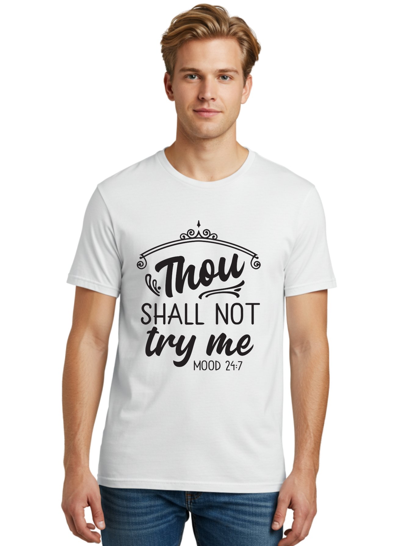 Thou-Shall-Not-Try-Me Men'S Graphic Tee, 100% Cotton, Comfortable Casual Summer Wear, Machine Washable, Inspirational Quote, Motivational Phrase, Black Text, Decorative Typography, Funny Saying, Humorous Design, Unique Phrase, Quirky Humor Aad250