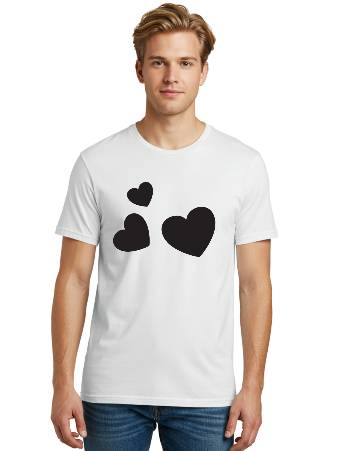 Three-Black-Hearts Men'S Graphic Tee, 100% Cotton, Comfortable Casual Summer Wear, Machine Washable, Love Symbols, Heart Icons, Minimalist Design, Simple Shapes, Black Silhouettes, Romance, Love Hearts, Heart Shapes Aad251