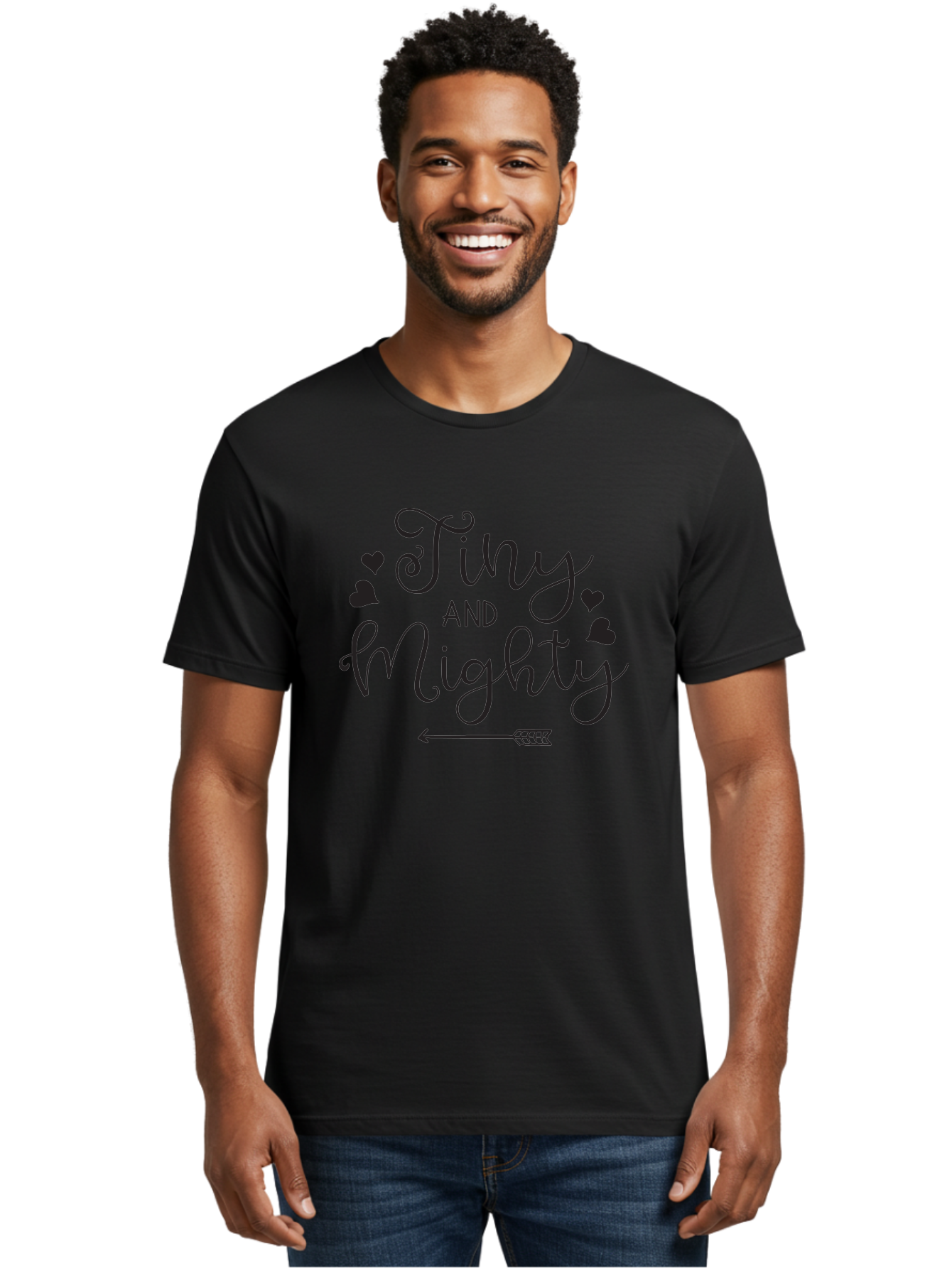 Tiny-And-Mighty Men'S Graphic Tee, 100% Cotton, Comfortable Casual Summer Wear, Machine Washable, Inspirational Quote, Motivational Phrase, Tiny And Mighty, Empowerment, Strong And Confident, Hearts And Arrow, Feminine Typography, Aad256