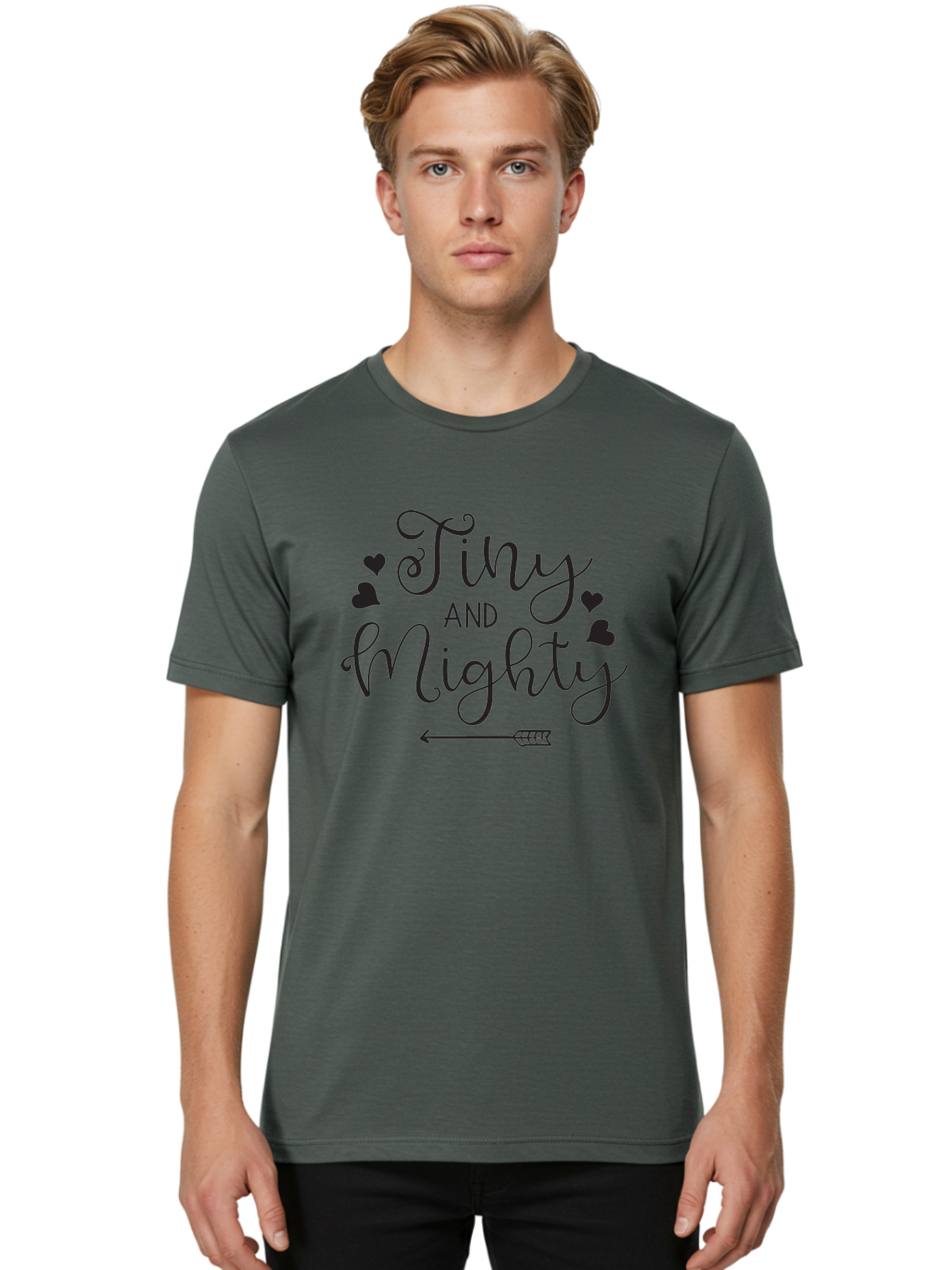 Tiny-And-Mighty Men'S Graphic Tee, 100% Cotton, Comfortable Casual Summer Wear, Machine Washable, Inspirational Quote, Motivational Phrase, Tiny And Mighty, Empowerment, Strong And Confident, Hearts And Arrow, Feminine Typography, Aad256