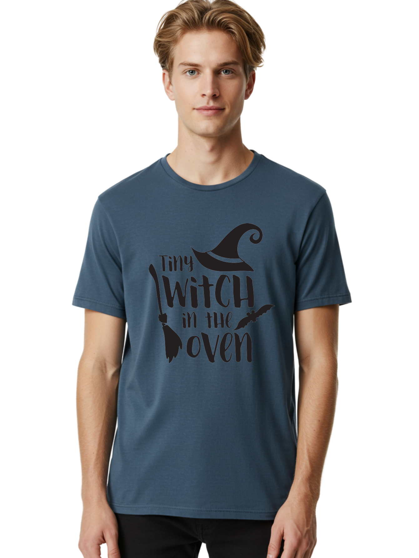 Tiny-Witch-In-The-Oven Men'S Graphic Tee, 100% Cotton, Comfortable Casual Summer Wear, Machine Washable, Halloween Quote, Funny Pregnancy Announcement, Tiny Witch, Broomstick, Witch Hat, Bats, Pregnancy Reveal, Halloween Pregnancy, Aad258