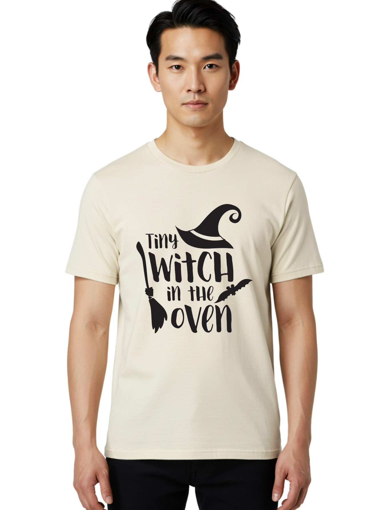 Tiny-Witch-In-The-Oven Men'S Graphic Tee, 100% Cotton, Comfortable Casual Summer Wear, Machine Washable, Halloween Quote, Funny Pregnancy Announcement, Tiny Witch, Broomstick, Witch Hat, Bats, Pregnancy Reveal, Halloween Pregnancy, Aad258