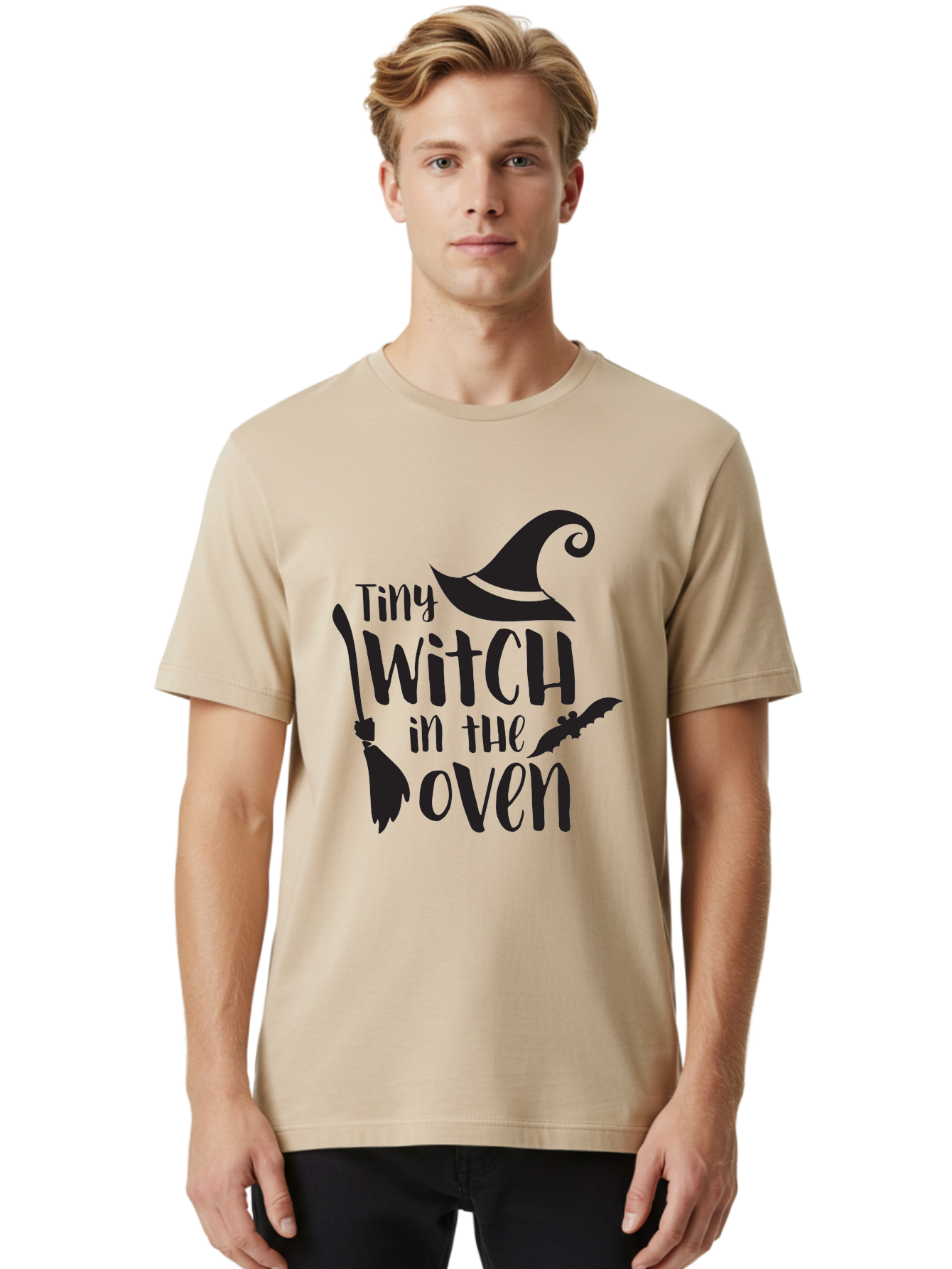 Tiny-Witch-In-The-Oven Men'S Graphic Tee, 100% Cotton, Comfortable Casual Summer Wear, Machine Washable, Halloween Quote, Funny Pregnancy Announcement, Tiny Witch, Broomstick, Witch Hat, Bats, Pregnancy Reveal, Halloween Pregnancy, Aad258