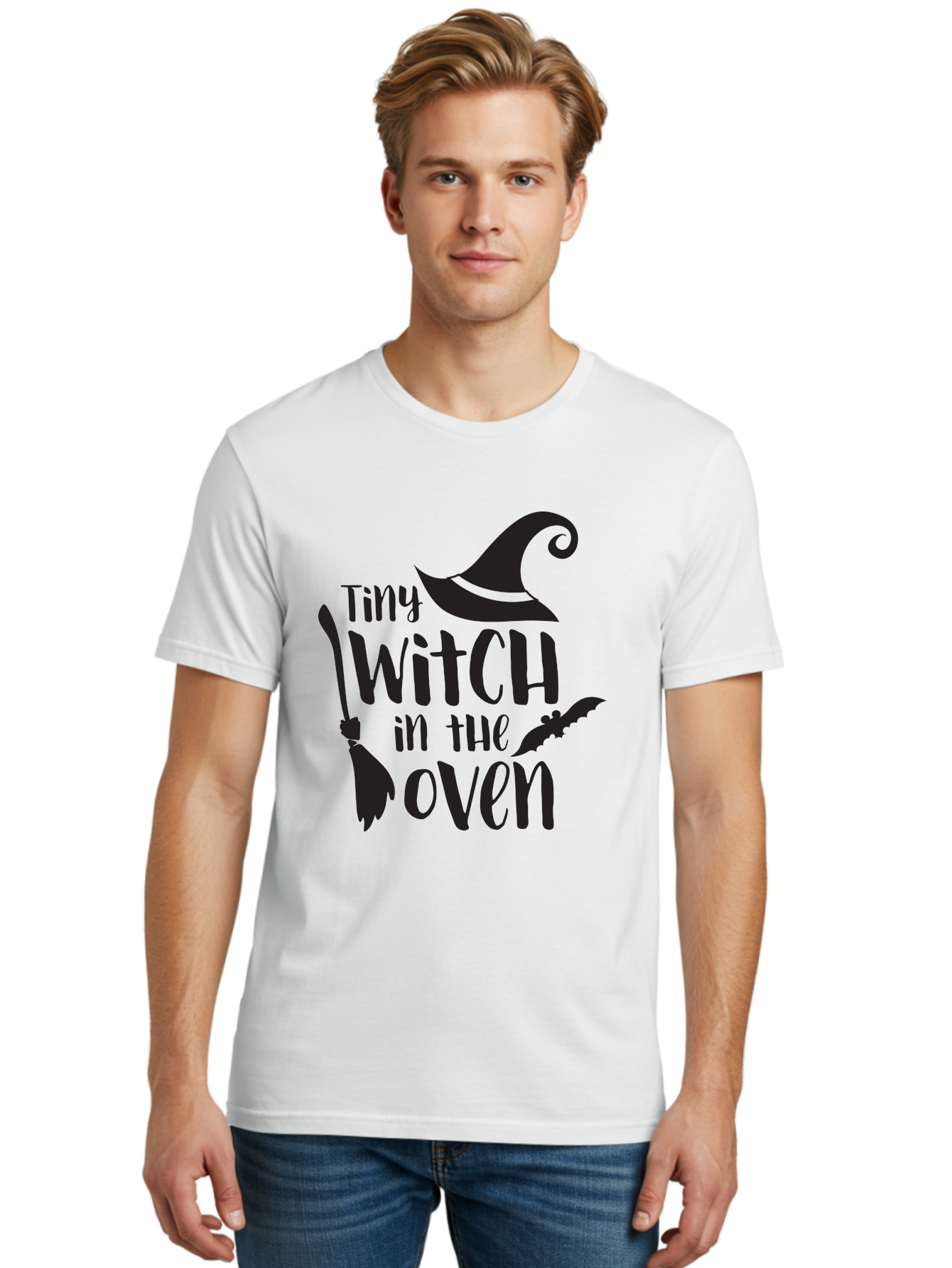 Tiny-Witch-In-The-Oven Men'S Graphic Tee, 100% Cotton, Comfortable Casual Summer Wear, Machine Washable, Halloween Quote, Funny Pregnancy Announcement, Tiny Witch, Broomstick, Witch Hat, Bats, Pregnancy Reveal, Halloween Pregnancy, Aad258