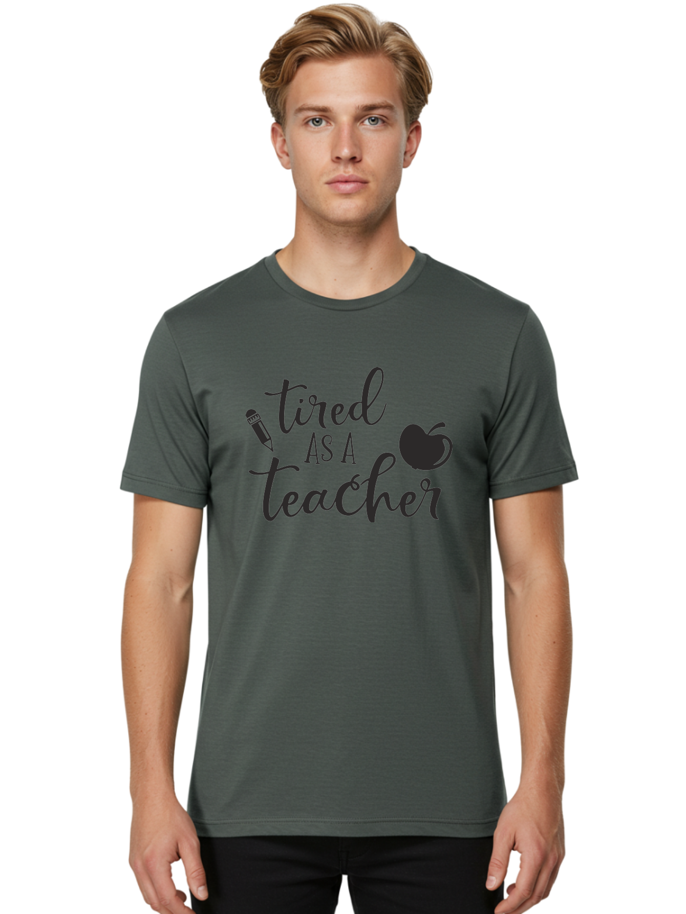 Tired-As-A-Teacher Men'S Graphic Tee, 100% Cotton, Comfortable Casual Summer Wear, Machine Washable, Tired As A Teacher, Teacher Quote, Funny Teacher Quote, Teacher Humor, Teacher Quotes, Apple, Pencil, Teacher Life Aad259