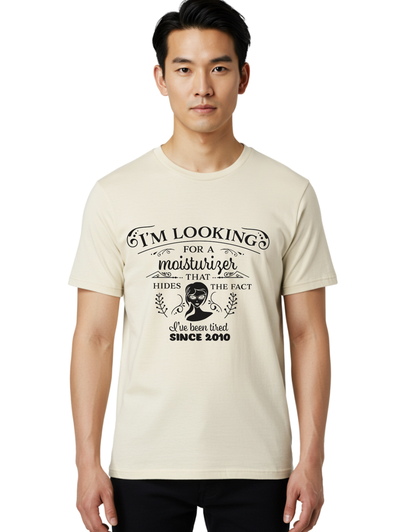 Tired-Since-2010 Men'S Graphic Tee, 100% Cotton, Comfortable Casual Summer Wear, Machine Washable, Humorous Quote, Moisturizer Humor, Tired Since 2010, Skincare Joke, Facial Care, Funny Quote, Woman Silhouette, Leaves Design, Cute Design Aad261