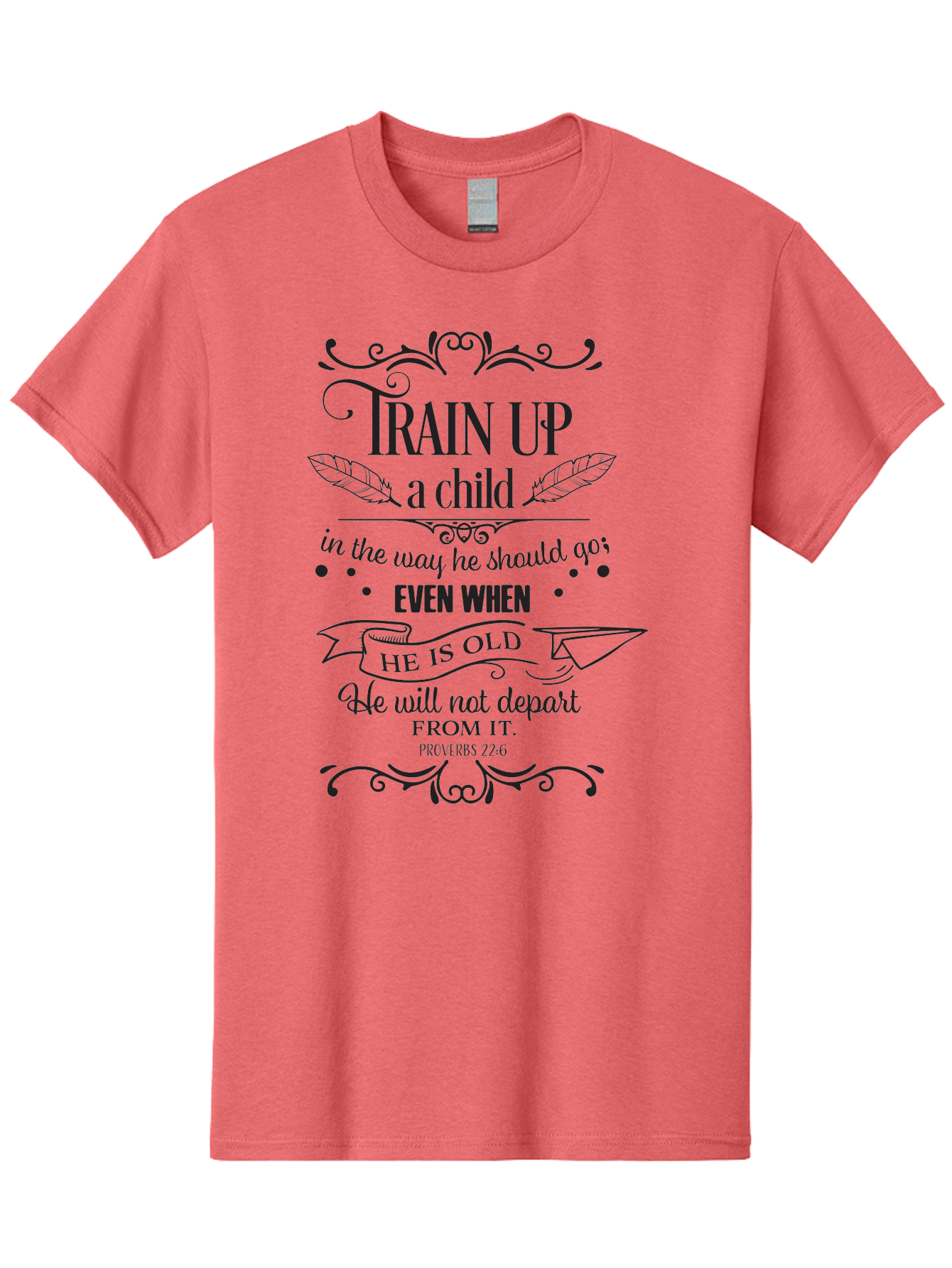 Train-Up-A-Child Men'S Graphic Tee, 100% Cotton, Comfortable Casual Summer Wear, Machine Washable, Inspirational Quote, Biblical Verse, Proverbs 22:6, Parenting Advice, Child Upbringing, Scripture Art, Typographic Design, Feather Graphics, Aad268