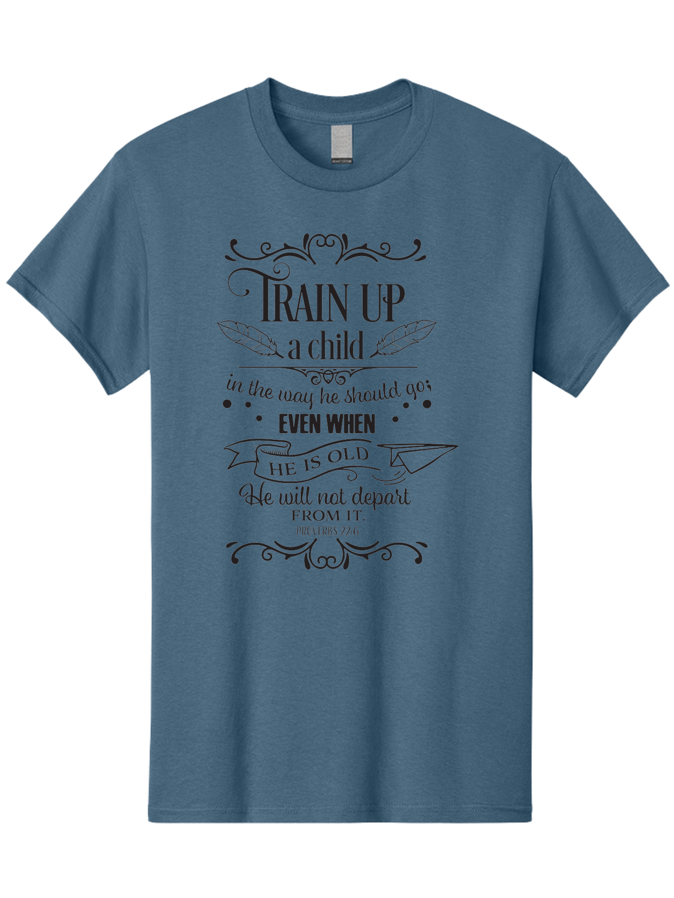 Train-Up-A-Child Men'S Graphic Tee, 100% Cotton, Comfortable Casual Summer Wear, Machine Washable, Inspirational Quote, Biblical Verse, Proverbs 22:6, Parenting Advice, Child Upbringing, Scripture Art, Typographic Design, Feather Graphics, Aad268