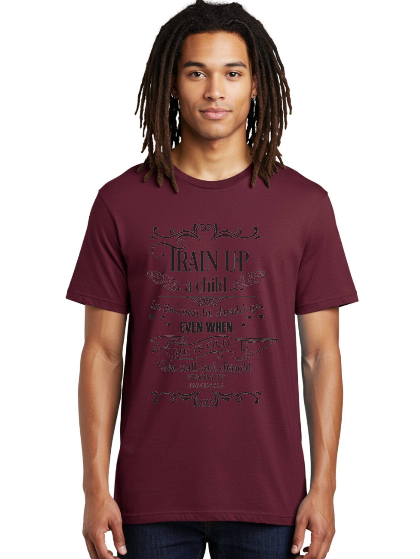Train-Up-A-Child Men'S Graphic Tee, 100% Cotton, Comfortable Casual Summer Wear, Machine Washable, Inspirational Quote, Biblical Verse, Proverbs 22:6, Parenting Advice, Child Upbringing, Scripture Art, Typographic Design, Feather Graphics, Aad268