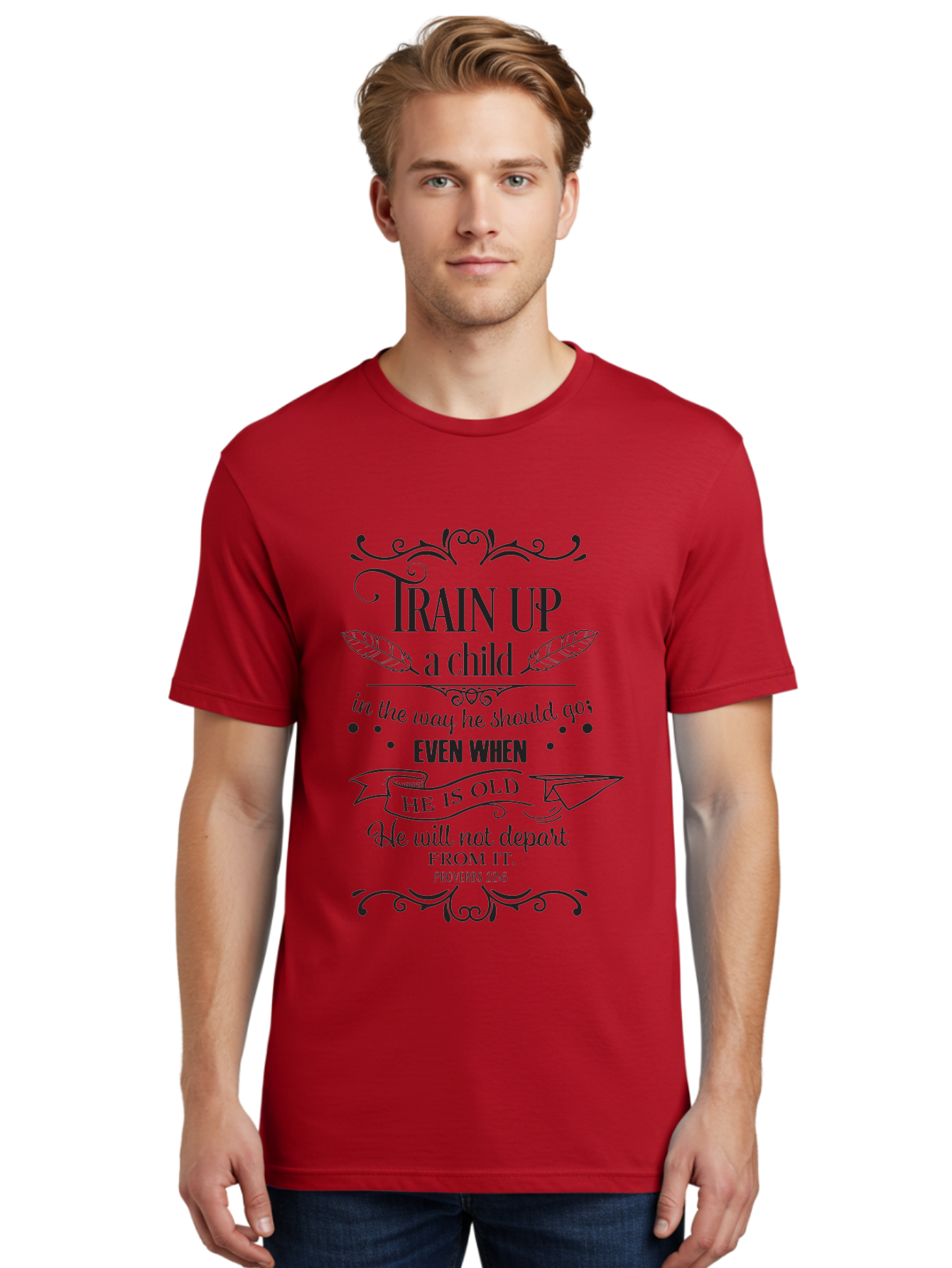 Train-Up-A-Child Men'S Graphic Tee, 100% Cotton, Comfortable Casual Summer Wear, Machine Washable, Inspirational Quote, Biblical Verse, Proverbs 22:6, Parenting Advice, Child Upbringing, Scripture Art, Typographic Design, Feather Graphics, Aad268