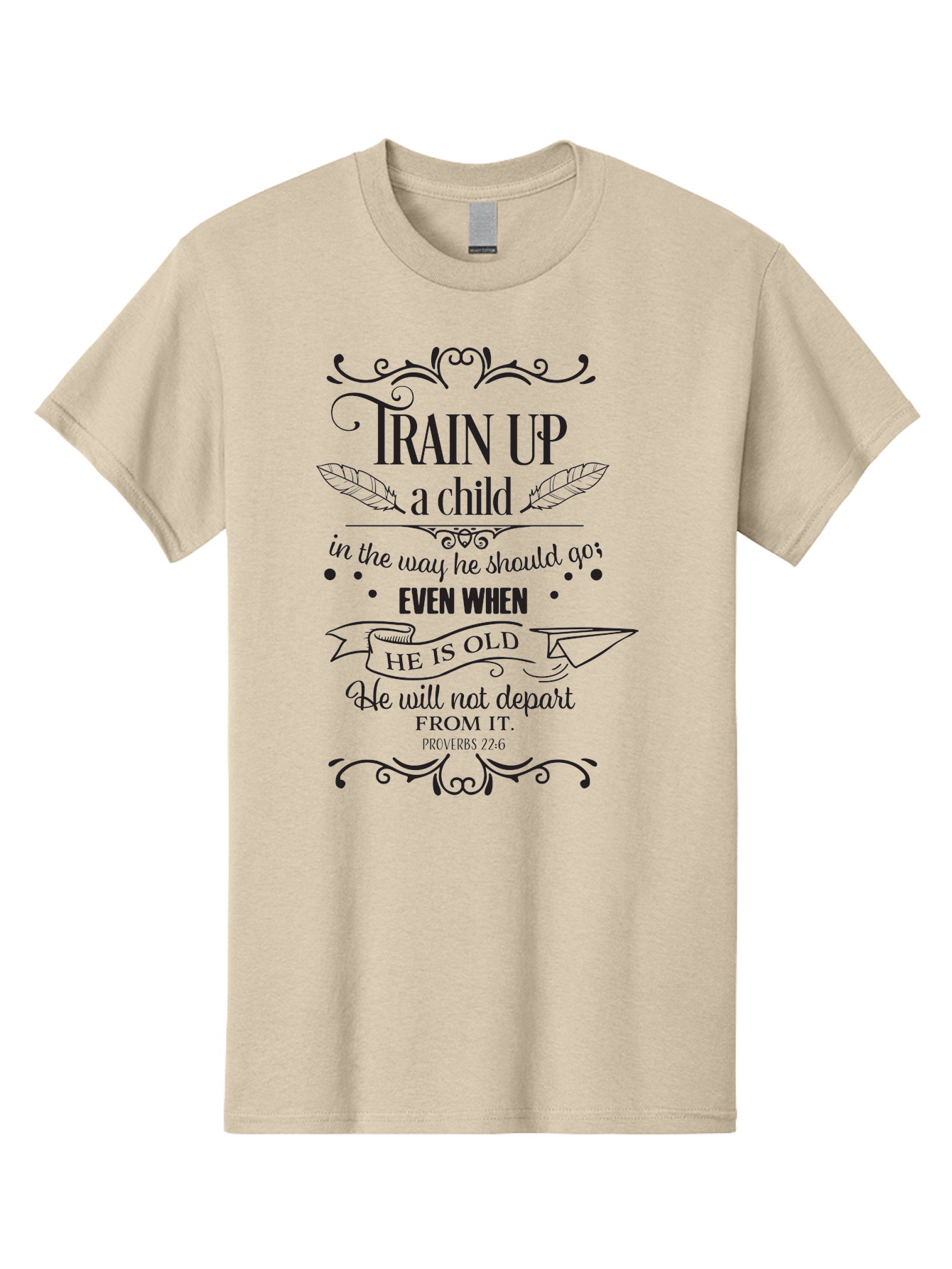 Train-Up-A-Child Men'S Graphic Tee, 100% Cotton, Comfortable Casual Summer Wear, Machine Washable, Inspirational Quote, Biblical Verse, Proverbs 22:6, Parenting Advice, Child Upbringing, Scripture Art, Typographic Design, Feather Graphics, Aad268