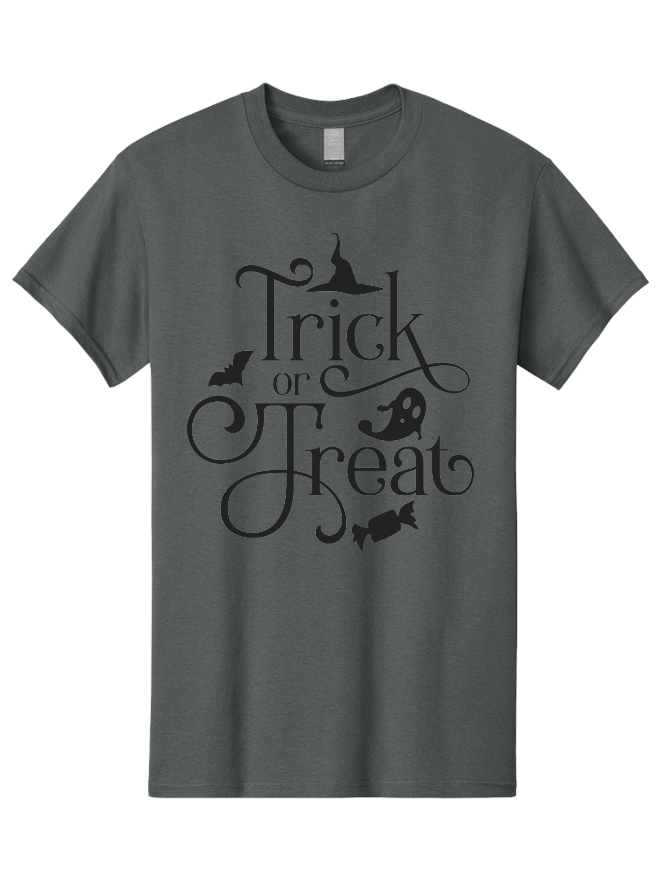 Trick-Or-Treat Men'S Graphic Tee, 100% Cotton, Comfortable Casual Summer Wear, Machine Washable, Halloween Greeting, Trick Or Treat, Black Silhouettes, Witch Hat, Flying Bat, Candy, Spooky Decorations, Halloween Theme, Festive Decor Aad270