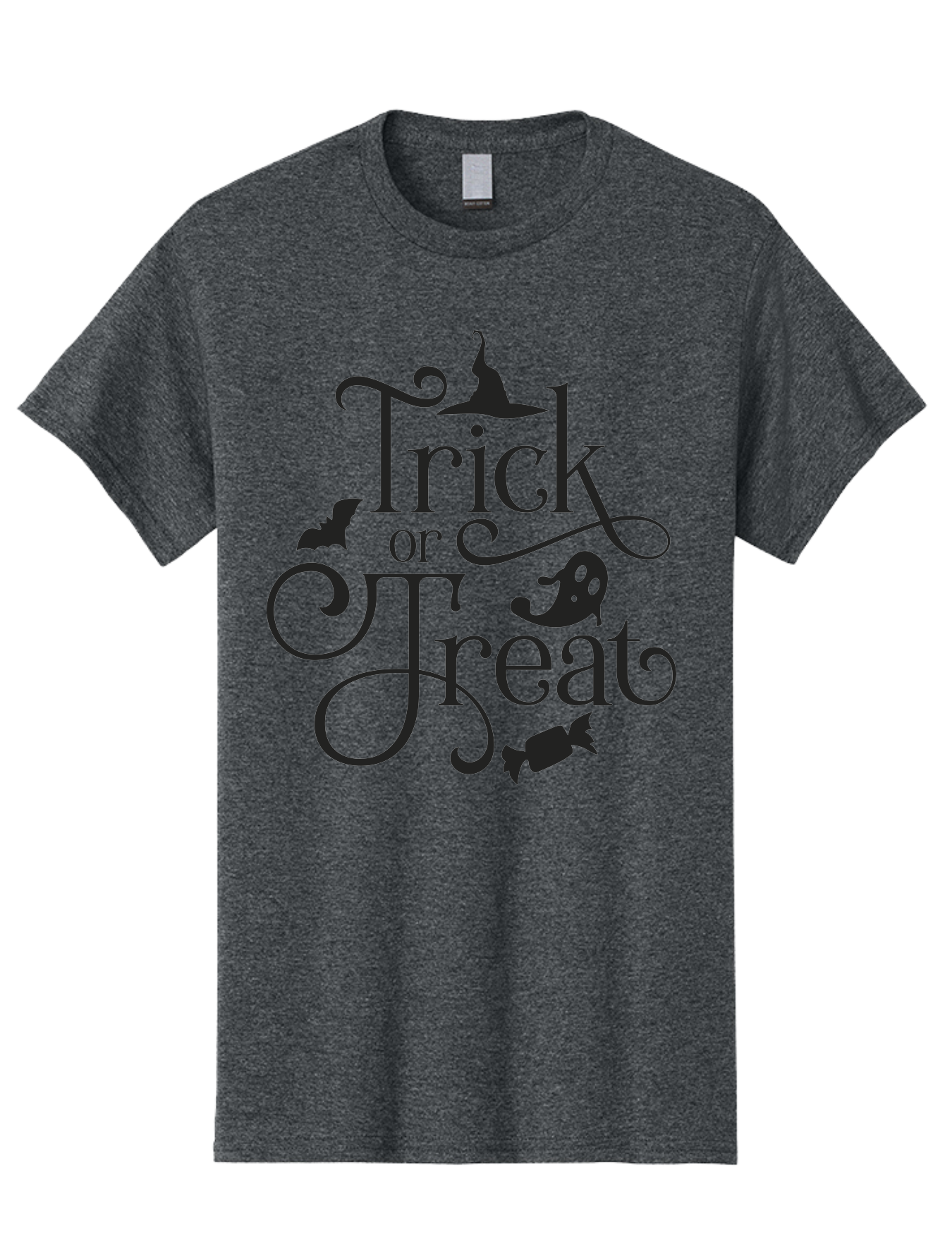Trick-Or-Treat Men'S Graphic Tee, 100% Cotton, Comfortable Casual Summer Wear, Machine Washable, Halloween Greeting, Trick Or Treat, Black Silhouettes, Witch Hat, Flying Bat, Candy, Spooky Decorations, Halloween Theme, Festive Decor Aad270