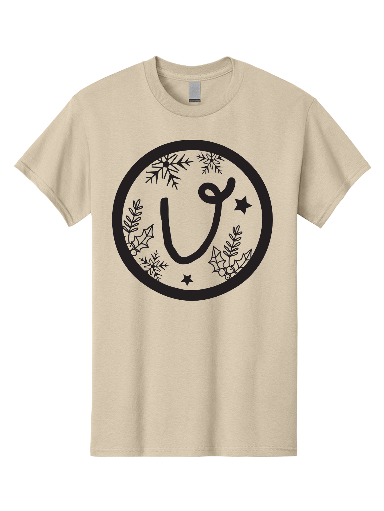U Men'S Graphic Tee, 100% Cotton, Comfortable Casual Summer Wear, Machine Washable, Christmas Wreath, Holiday Decoration, Festive Design, Snowflakes, Holly Leaves, Stars, Seasonal Symbol, Winter Theme, Celebration, Black And Green, 'U' Letter Aad278