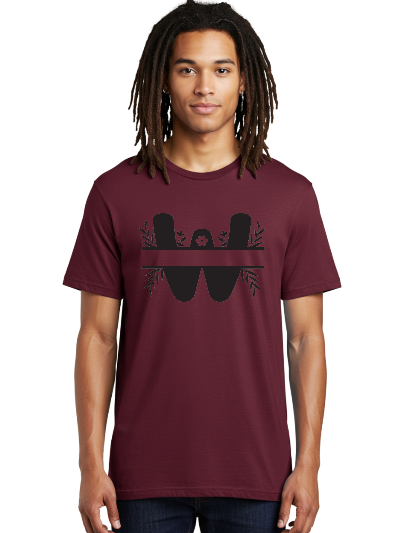 W-Logo Men'S Graphic Tee, 100% Cotton, Comfortable Casual Summer Wear, Machine Washable, Stylized Letter W, Floral Motifs, Minimalist Design, Black Silhouette, Leafy Pattern, Four-Leaf Clover Aad283