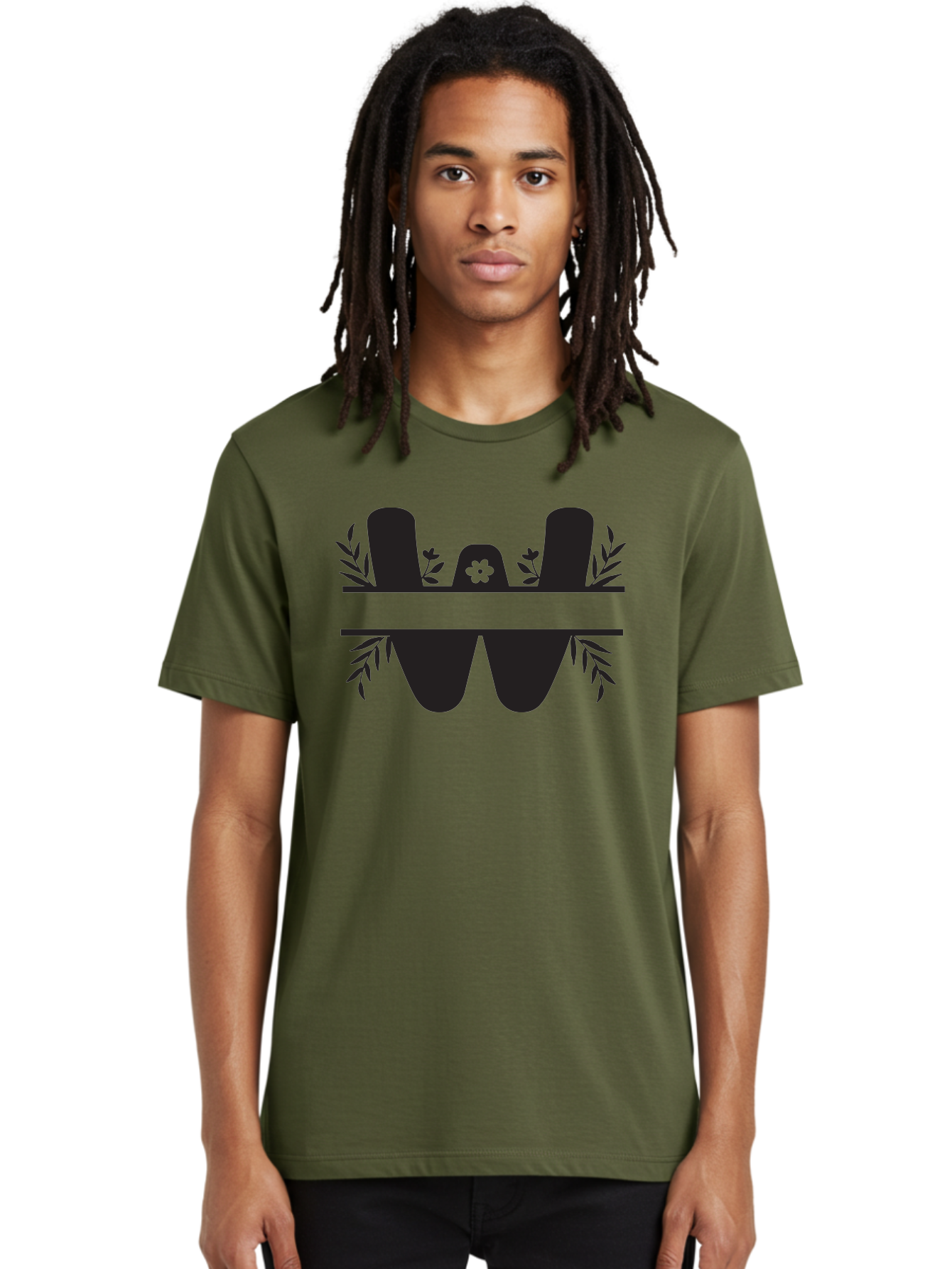 W-Logo Men'S Graphic Tee, 100% Cotton, Comfortable Casual Summer Wear, Machine Washable, Stylized Letter W, Floral Motifs, Minimalist Design, Black Silhouette, Leafy Pattern, Four-Leaf Clover Aad283