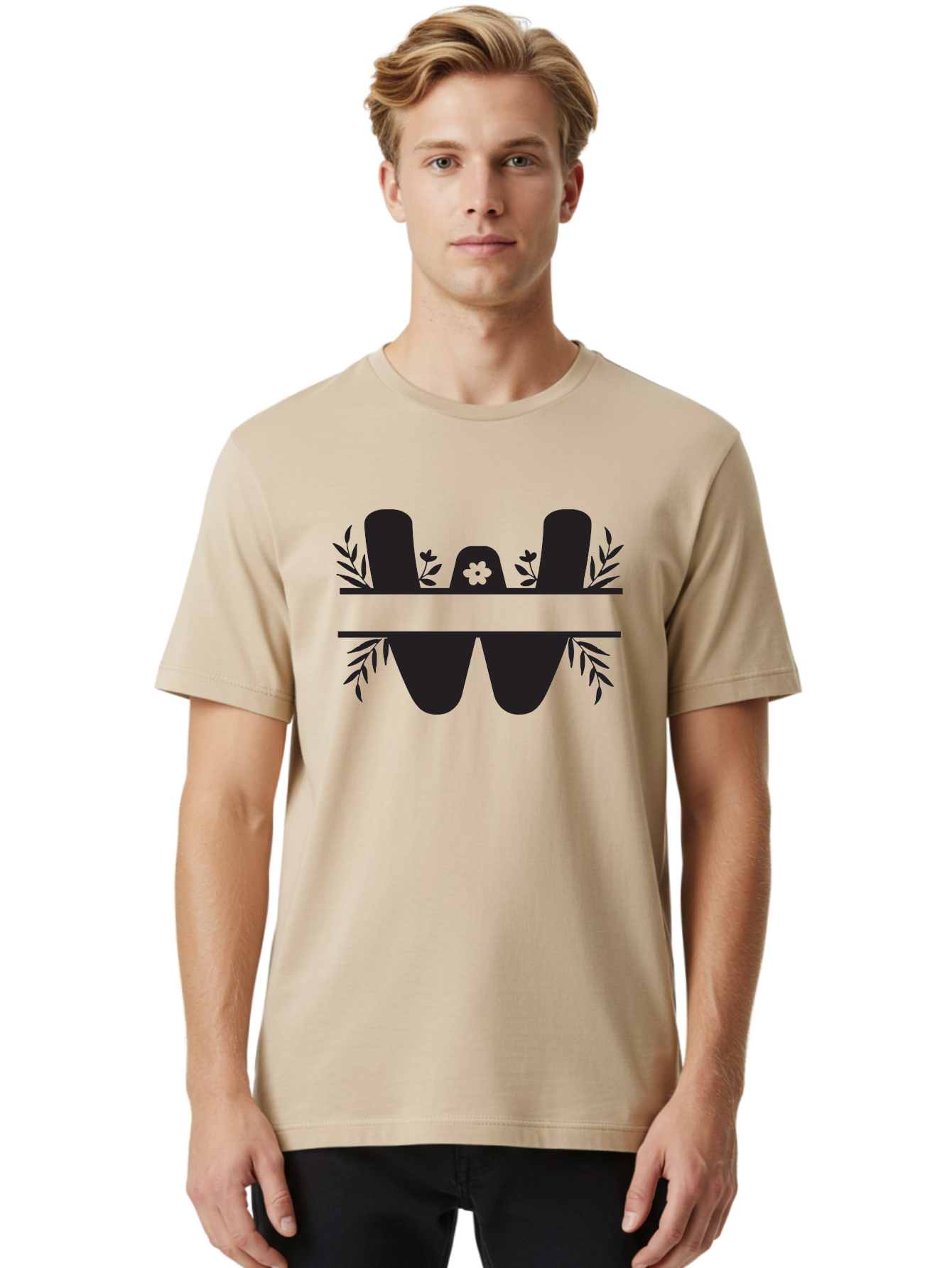W-Logo Men'S Graphic Tee, 100% Cotton, Comfortable Casual Summer Wear, Machine Washable, Stylized Letter W, Floral Motifs, Minimalist Design, Black Silhouette, Leafy Pattern, Four-Leaf Clover Aad283