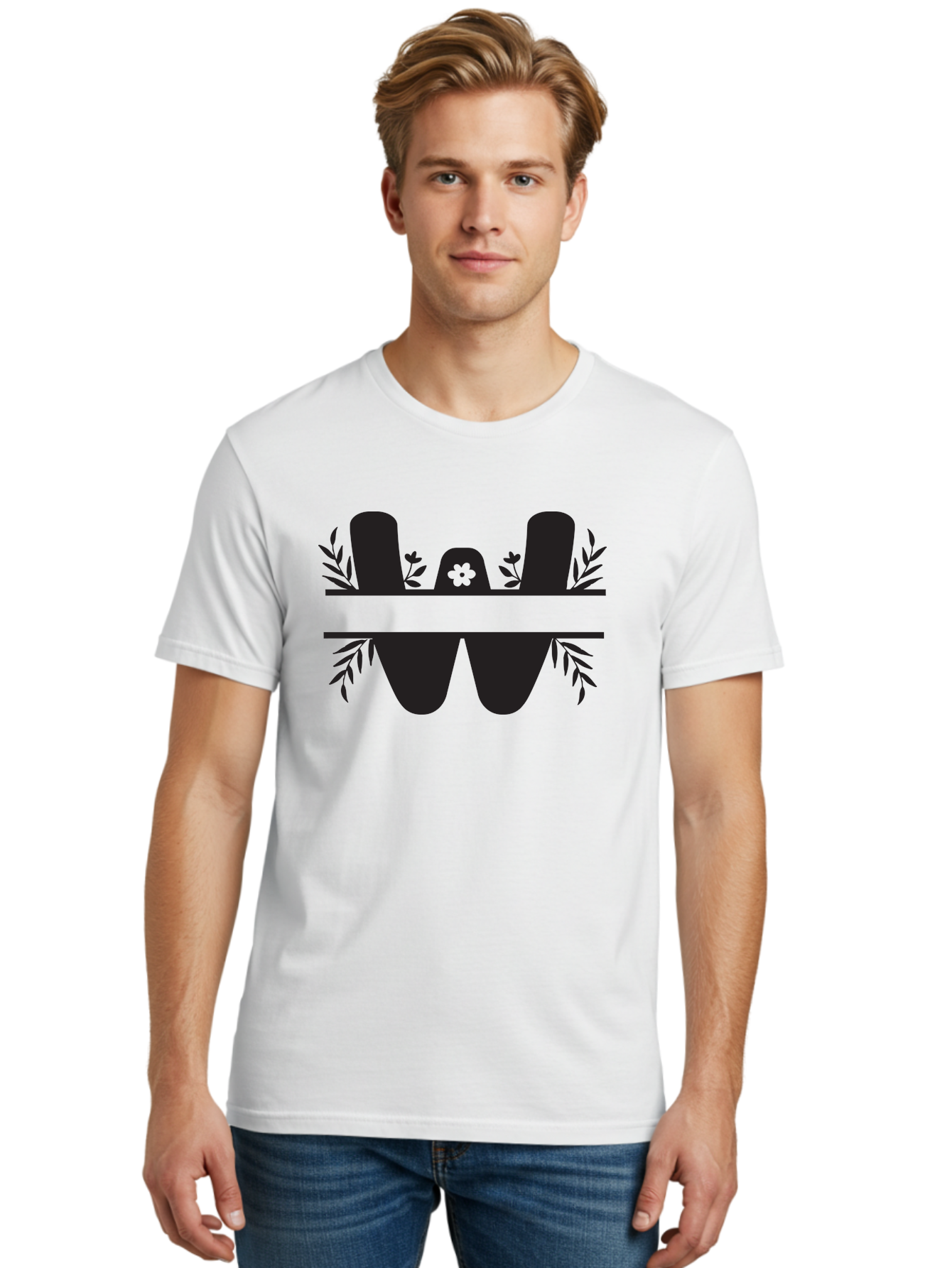 W-Logo Men'S Graphic Tee, 100% Cotton, Comfortable Casual Summer Wear, Machine Washable, Stylized Letter W, Floral Motifs, Minimalist Design, Black Silhouette, Leafy Pattern, Four-Leaf Clover Aad283