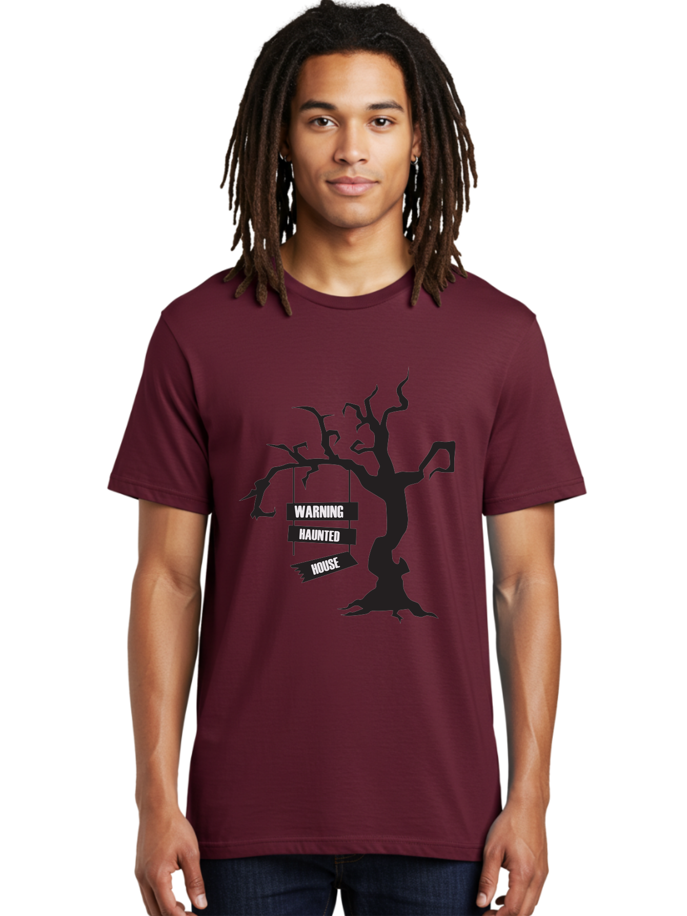 Warning-Haunted-House Men'S Graphic Tee, 100% Cotton, Comfortable Casual Summer Wear, Machine Washable, Haunted House, Spooky Tree, Warning Signs, Halloween Decorations, Scary Silhouettes, Haunted House Signs, Halloween Graphics, Aad287