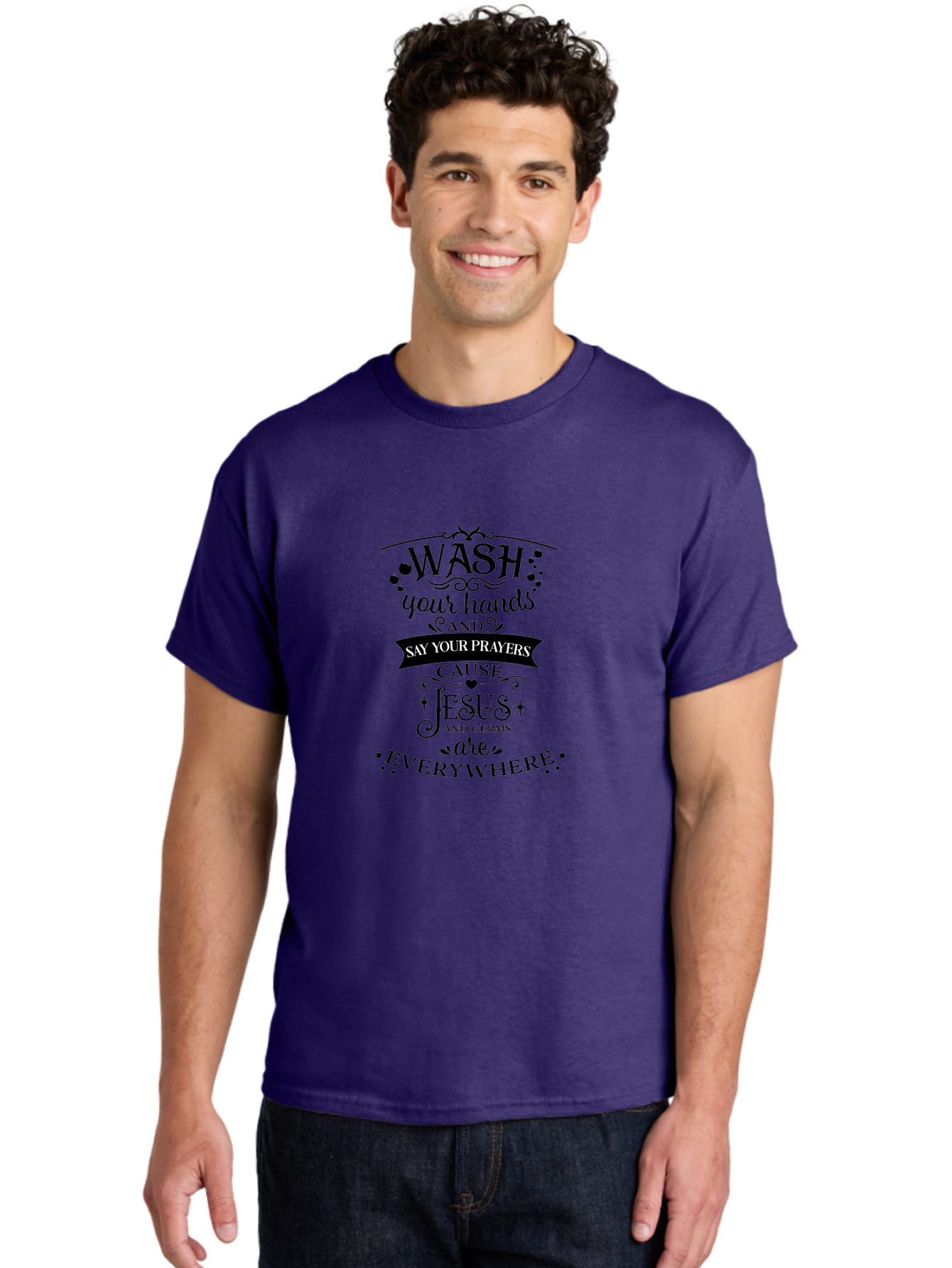Wash-Your-Hands-And-Say-Your-Prayers Men'S Graphic Tee, 100% Cotton, Comfortable Casual Summer Wear, Machine Washable, Inspirational Quote, Motivational Message, Faith-Based Design, Hygiene Reminder, Jesus And Germs, Prayer Inspiration, Aad288