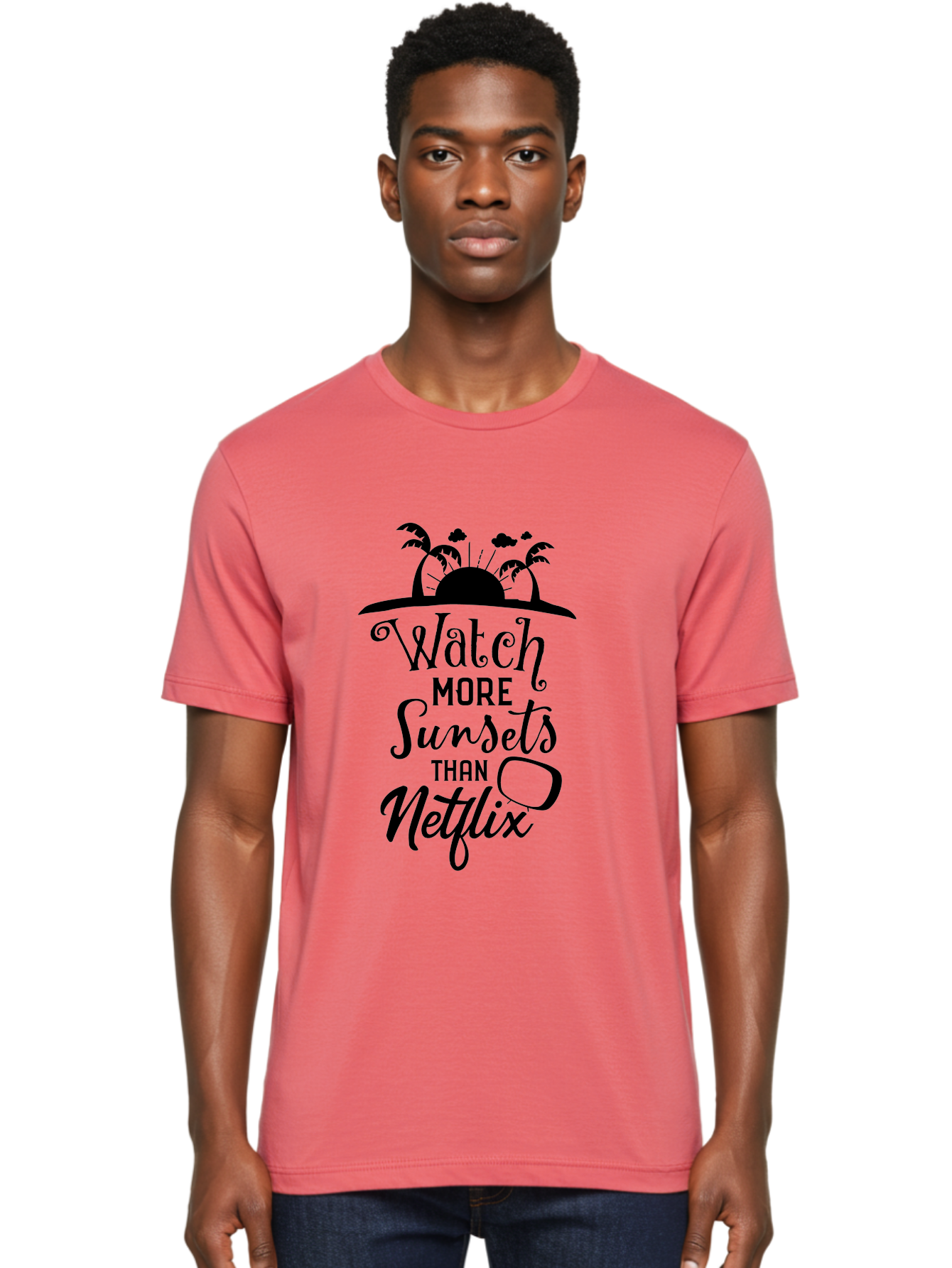 Watch-More-Sunsets-Than-Netflix Men'S Graphic Tee, 100% Cotton, Comfortable Casual Summer Wear, Machine Washable, Tropical Getaway, Sunset Vibes, Paradise Found, Wanderlust, Travel Inspiration, Netflix Alternative, Outdoor Adventures, Aad289