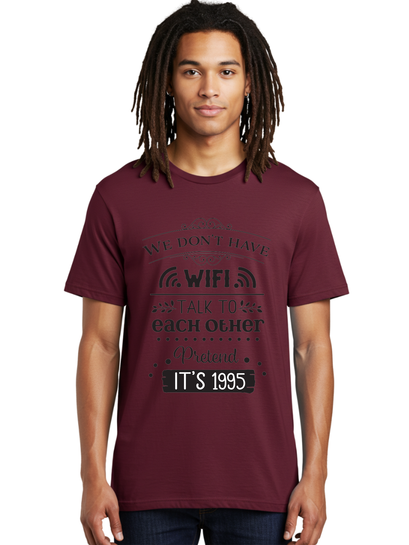 We-Don-T-Have-Wifi-Talk-To-Each-Other-Pretend-It-S-1995 Men'S Graphic Tee, 100% Cotton, Comfortable Casual Summer Wear, Machine Washable, Funny Quote, Wi-Fi Humor, Nostalgic 90S, Retro Vibe, Witty Saying, Tech-Free, Conversation Starter, Aad291