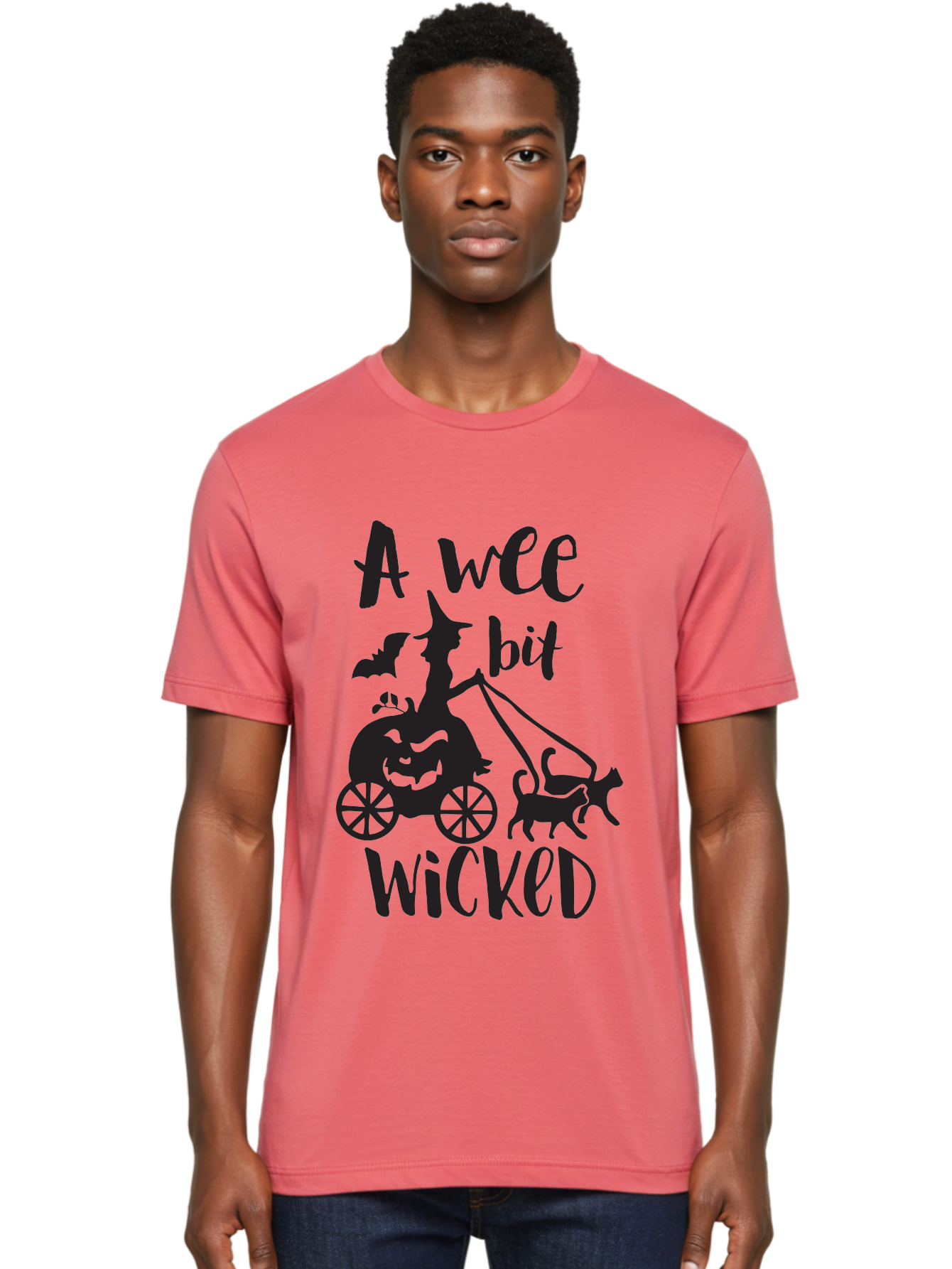 Wee-Bit-Wicked Men'S Graphic Tee, 100% Cotton, Comfortable Casual Summer Wear, Machine Washable, Witch Riding Pumpkin Cart, Black Cats, Bats, Halloween Silhouette, Spooky Scene, Halloween Decorations, Witchy Vibes, Jack-O-Lantern, Aad293