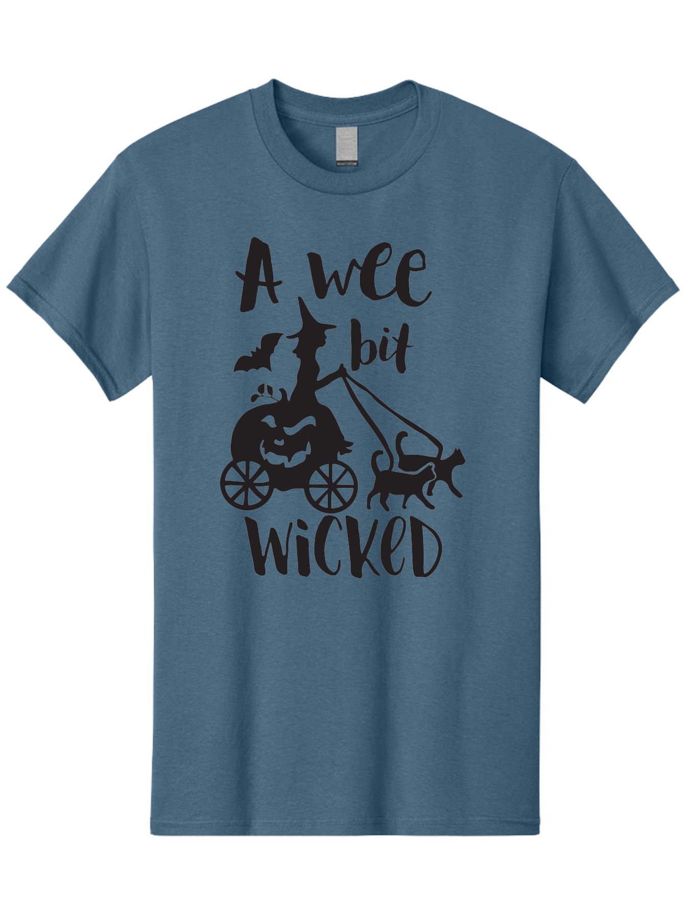Wee-Bit-Wicked Men'S Graphic Tee, 100% Cotton, Comfortable Casual Summer Wear, Machine Washable, Witch Riding Pumpkin Cart, Black Cats, Bats, Halloween Silhouette, Spooky Scene, Halloween Decorations, Witchy Vibes, Jack-O-Lantern, Aad293